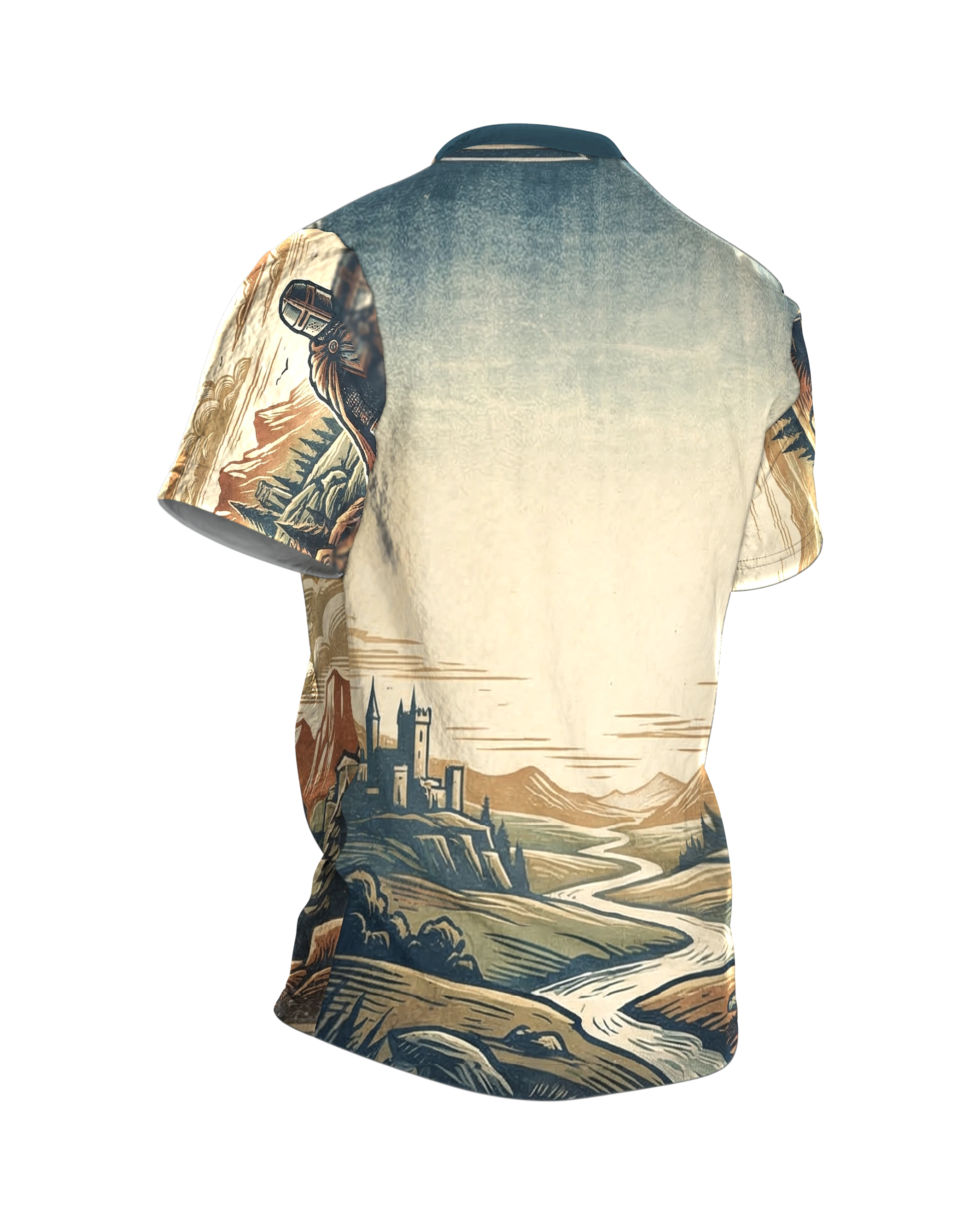 Kreuzritter stehend T-Shirt: Wächter im Holzschnitt-Panorama, Rückseite schräg rechts