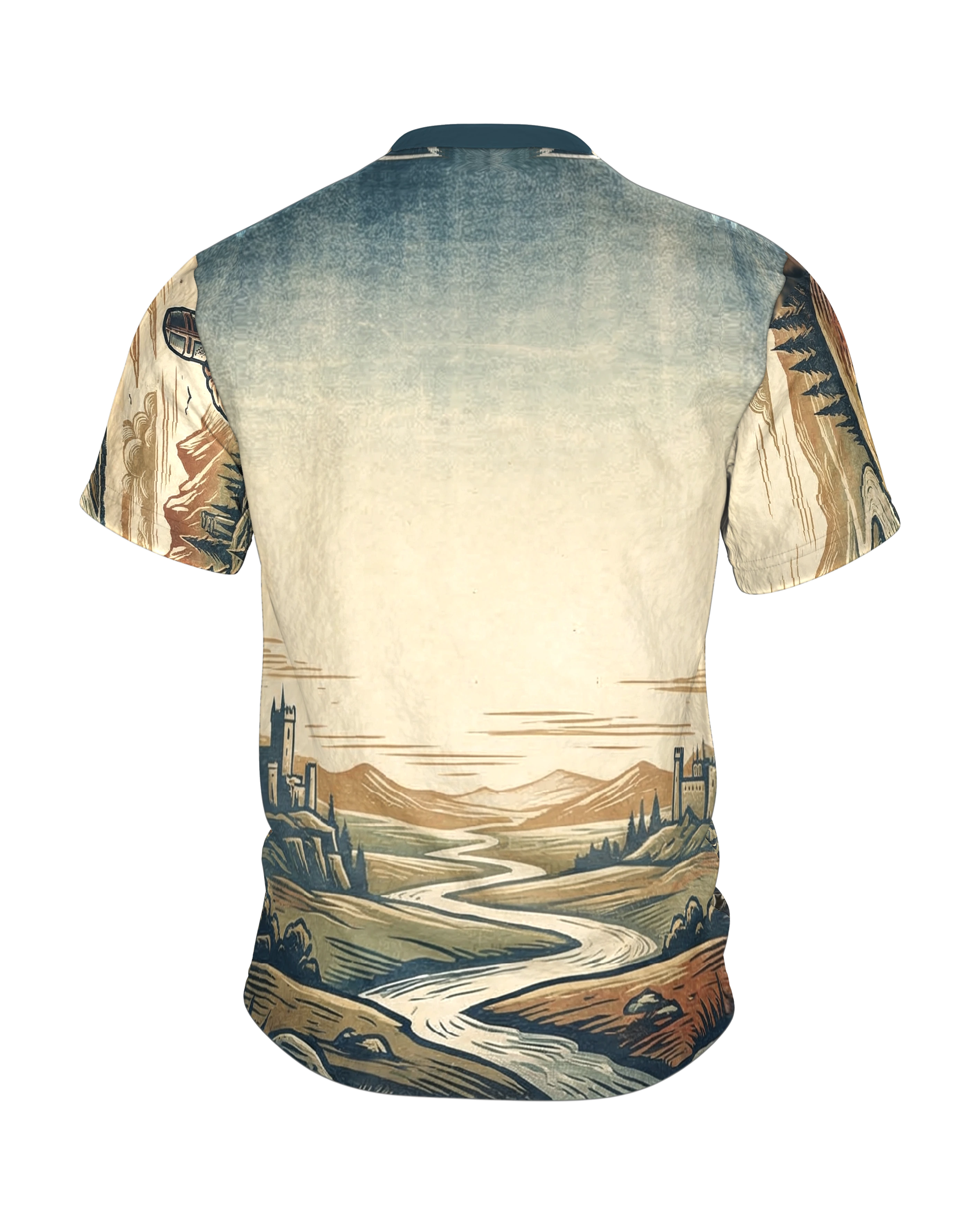 Kreuzritter stehend T-Shirt: Wächter im Holzschnitt-Panorama, Rückseite