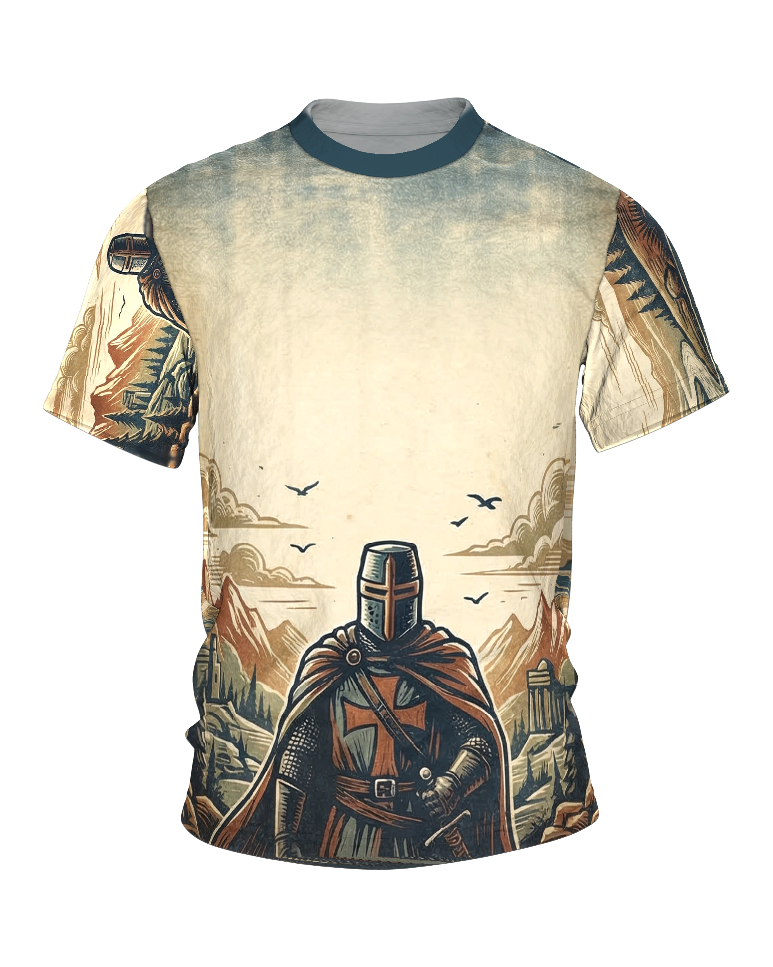 Kreuzritter stehend T-Shirt: Wächter im Holzschnitt-Panorama