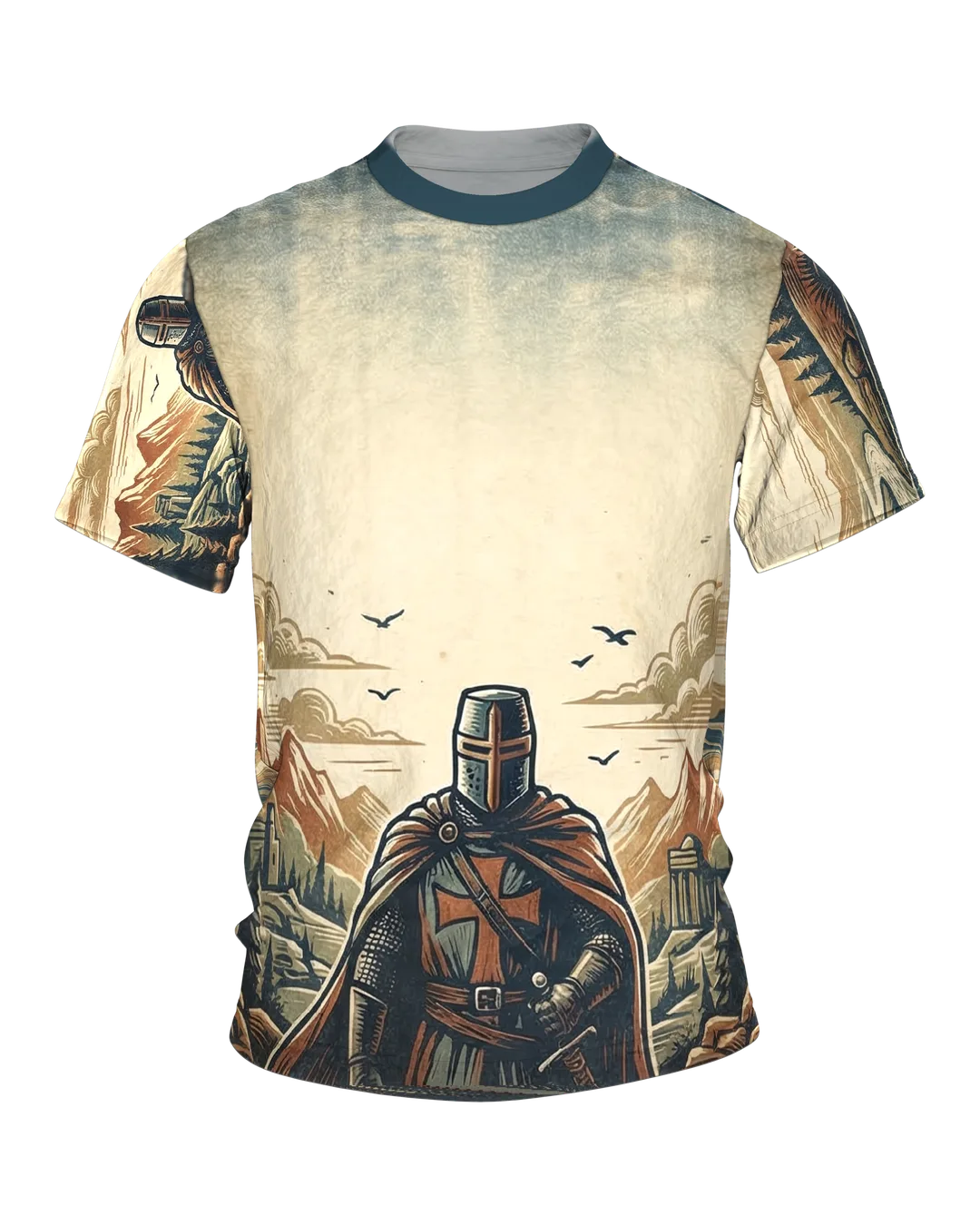 Kreuzritter stehend T-Shirt: Wächter im Holzschnitt-Panorama
