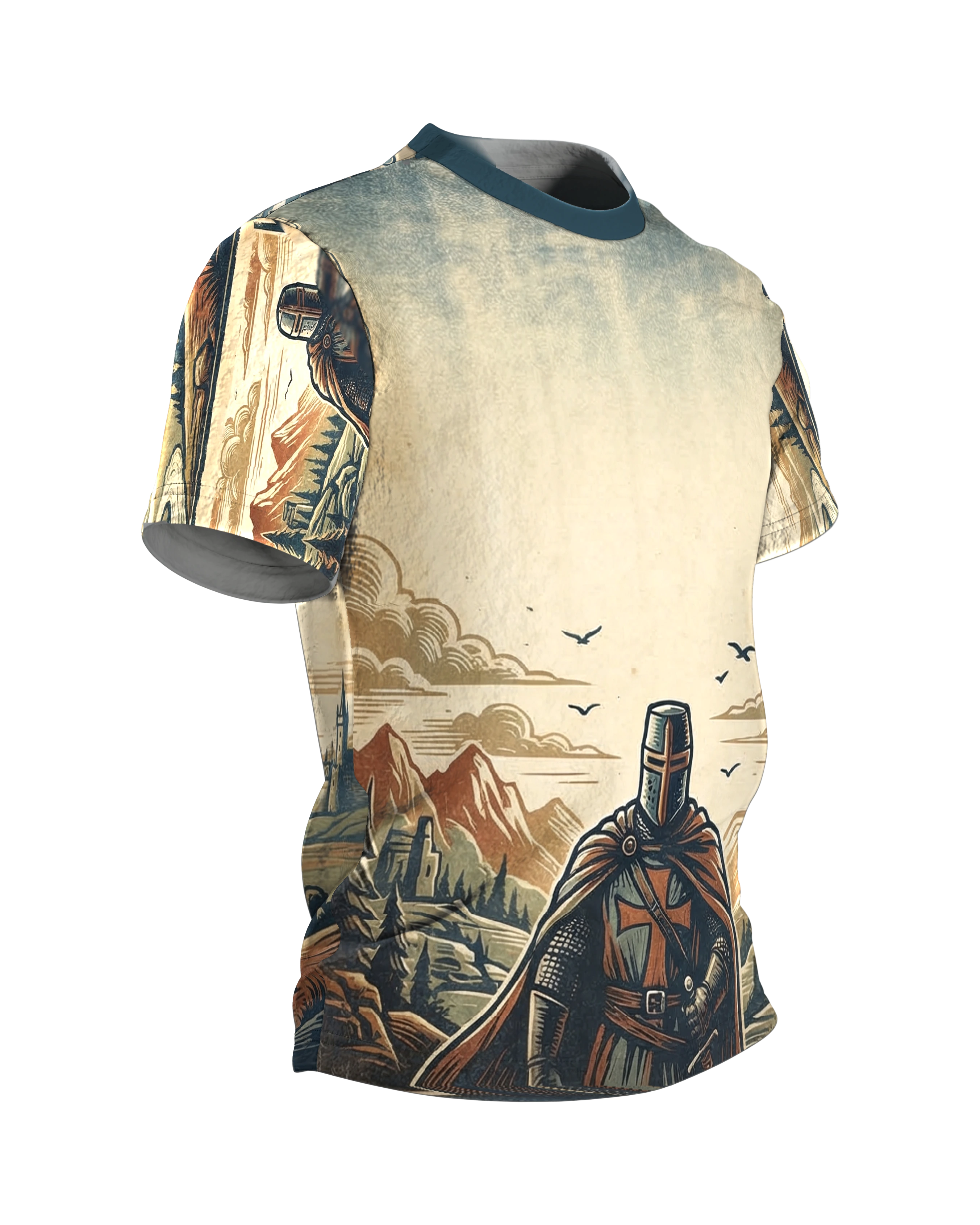 Kreuzritter stehend T-Shirt: Wächter im Holzschnitt-Panorama, Seitenansicht links