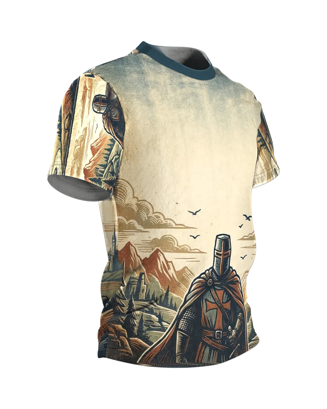 Kreuzritter stehend T-Shirt: Wächter im Holzschnitt-Panorama, Seitenansicht links