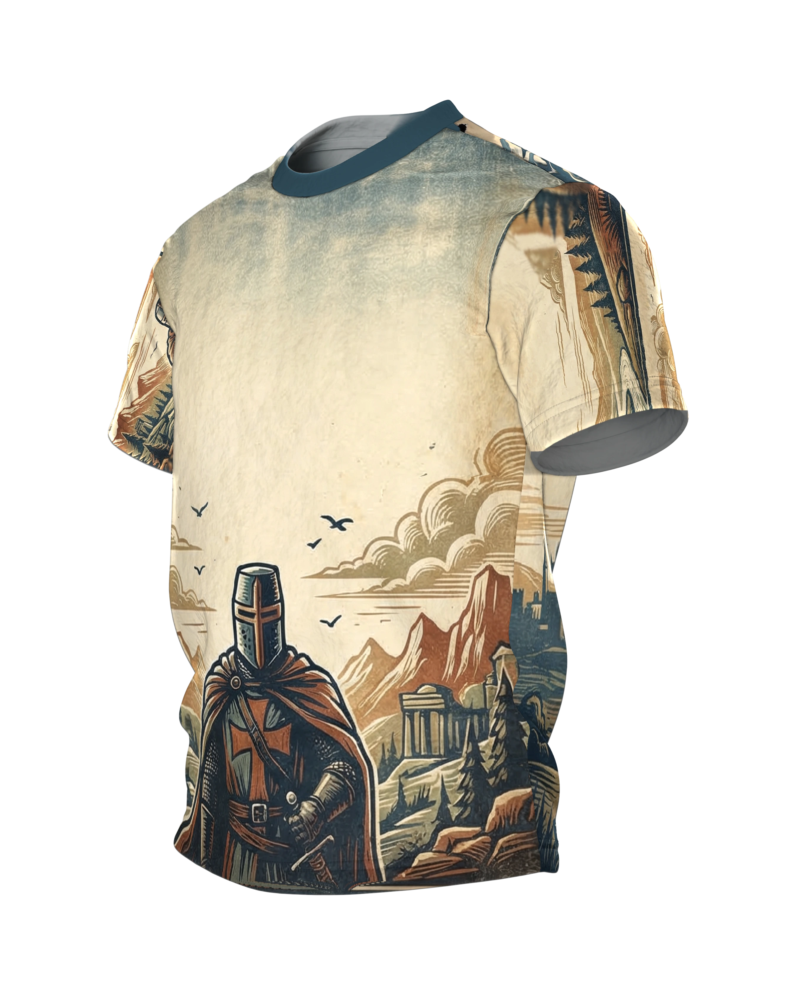 Kreuzritter stehend T-Shirt: Wächter im Holzschnitt-Panorama, Seitenansicht rechts