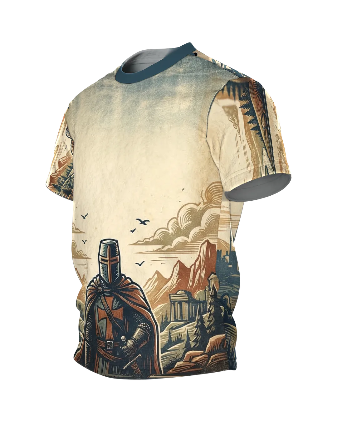 Kreuzritter stehend T-Shirt: Wächter im Holzschnitt-Panorama, Seitenansicht rechts