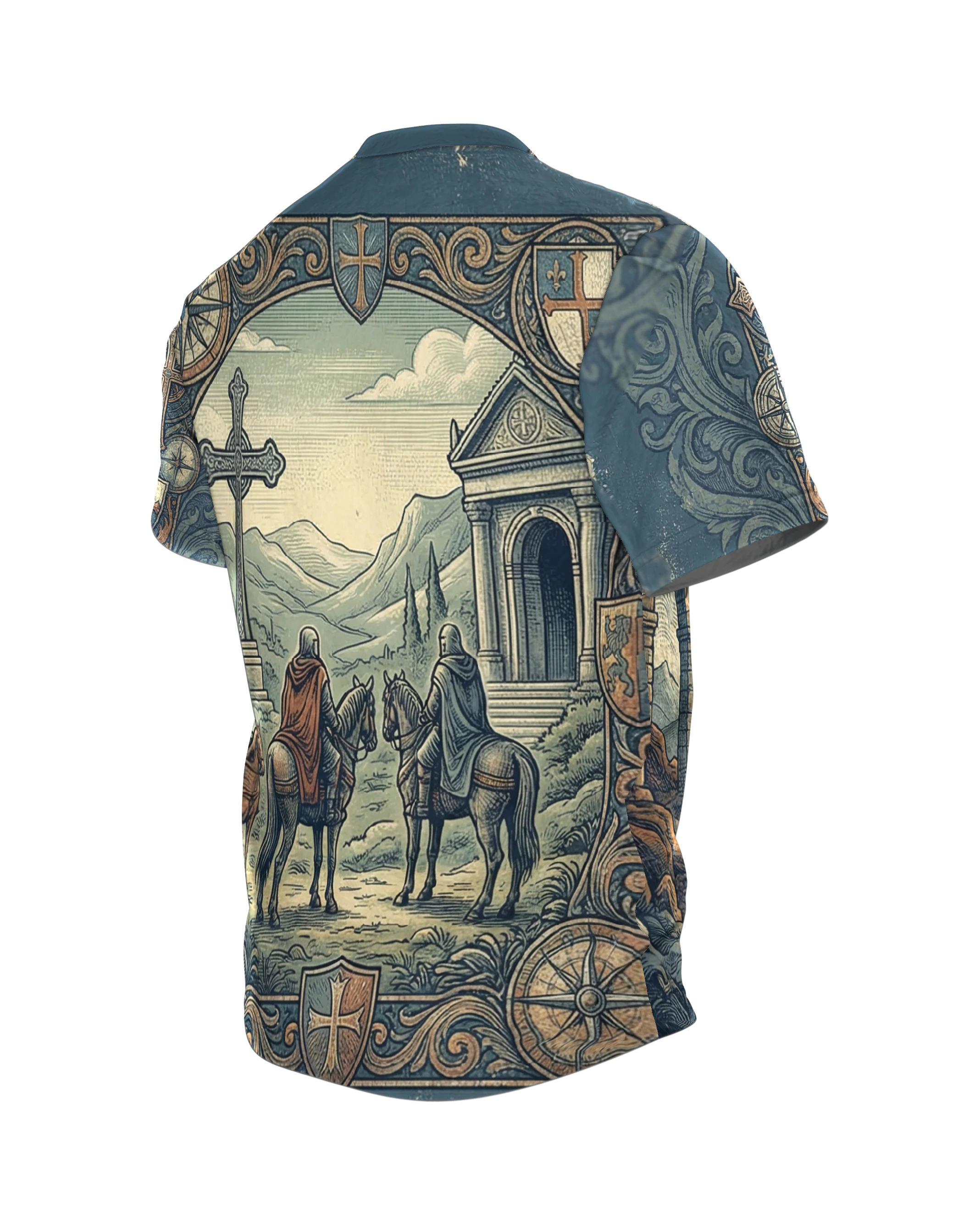 Ritter zu Pferd T-Shirt: Templer-Ritt durch die Kartenwelt, Rückseite schräg links