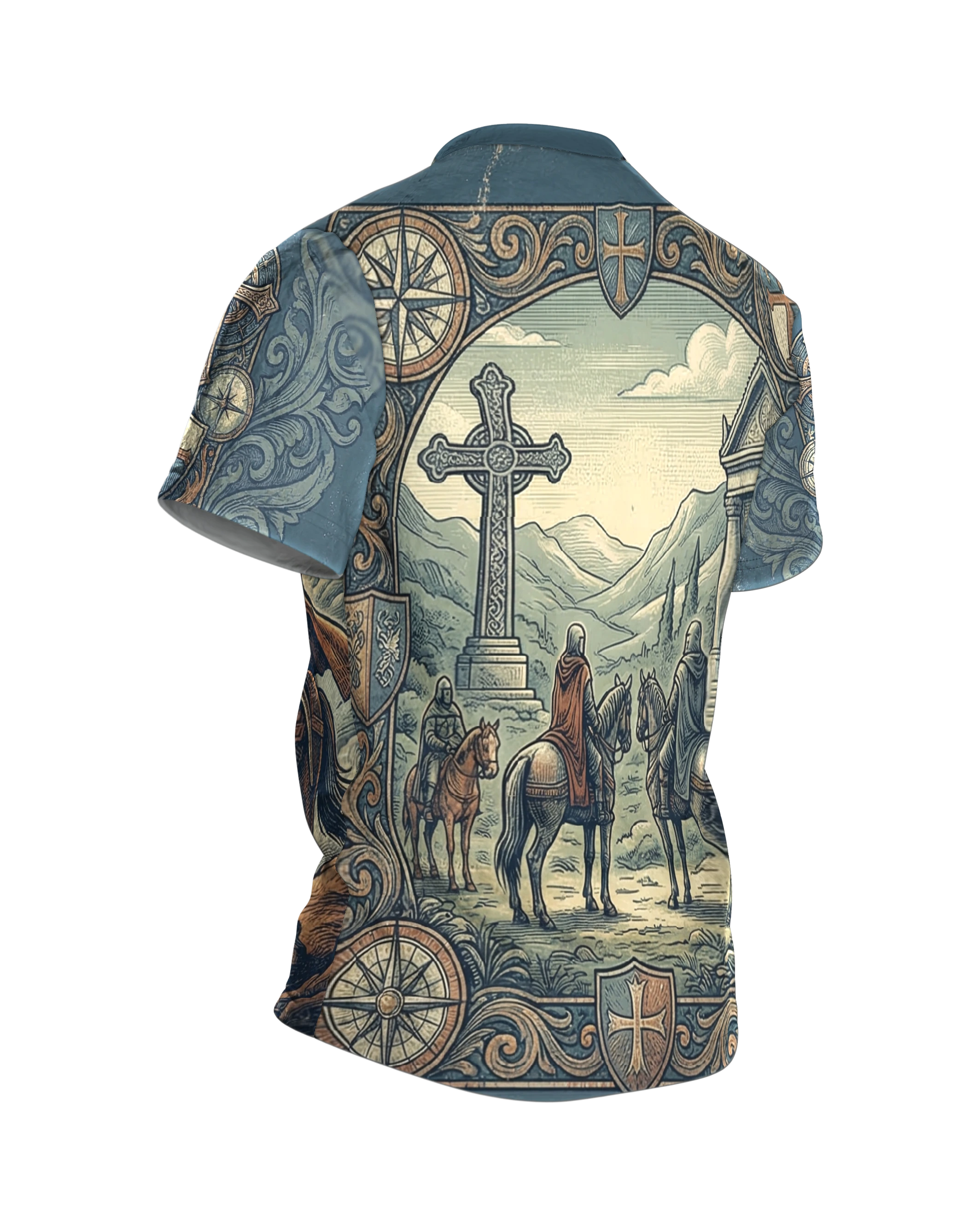 Ritter zu Pferd T-Shirt: Templer-Ritt durch die Kartenwelt, Rückseite schräg rechts