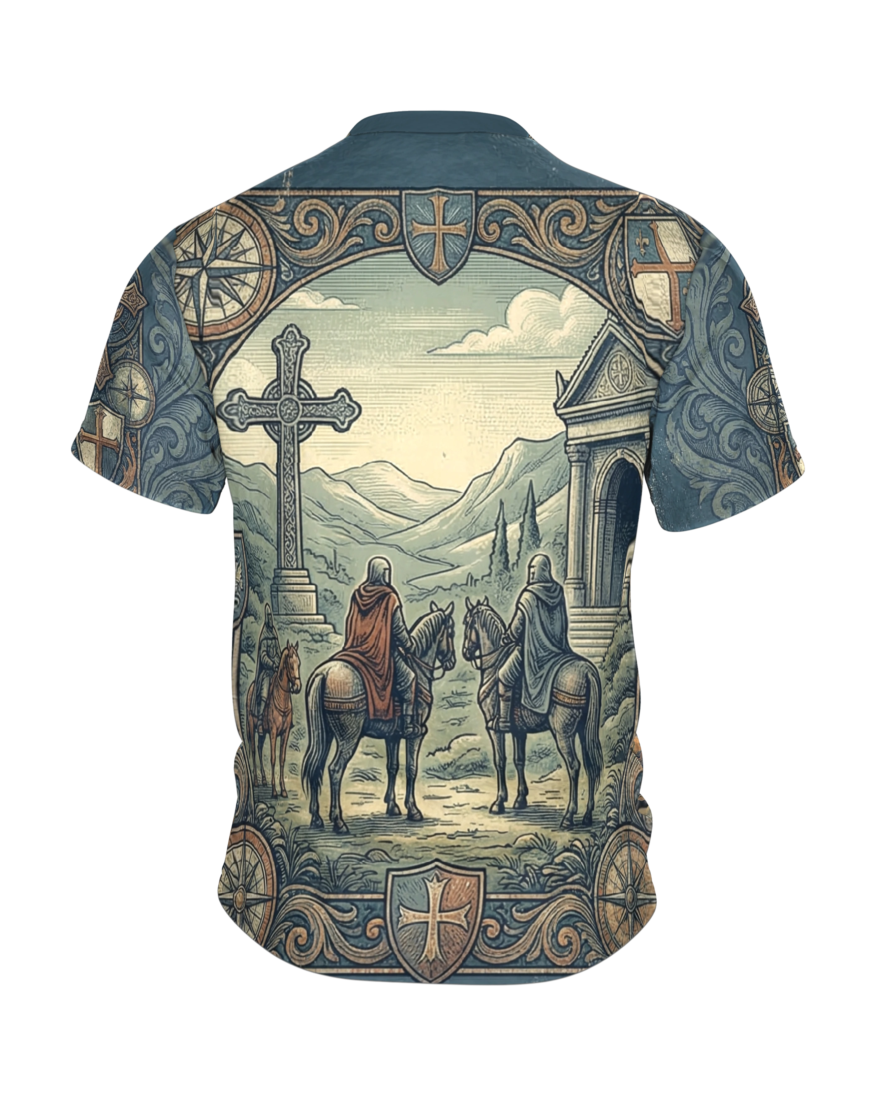 Ritter zu Pferd T-Shirt: Templer-Ritt durch die Kartenwelt, Rückseite