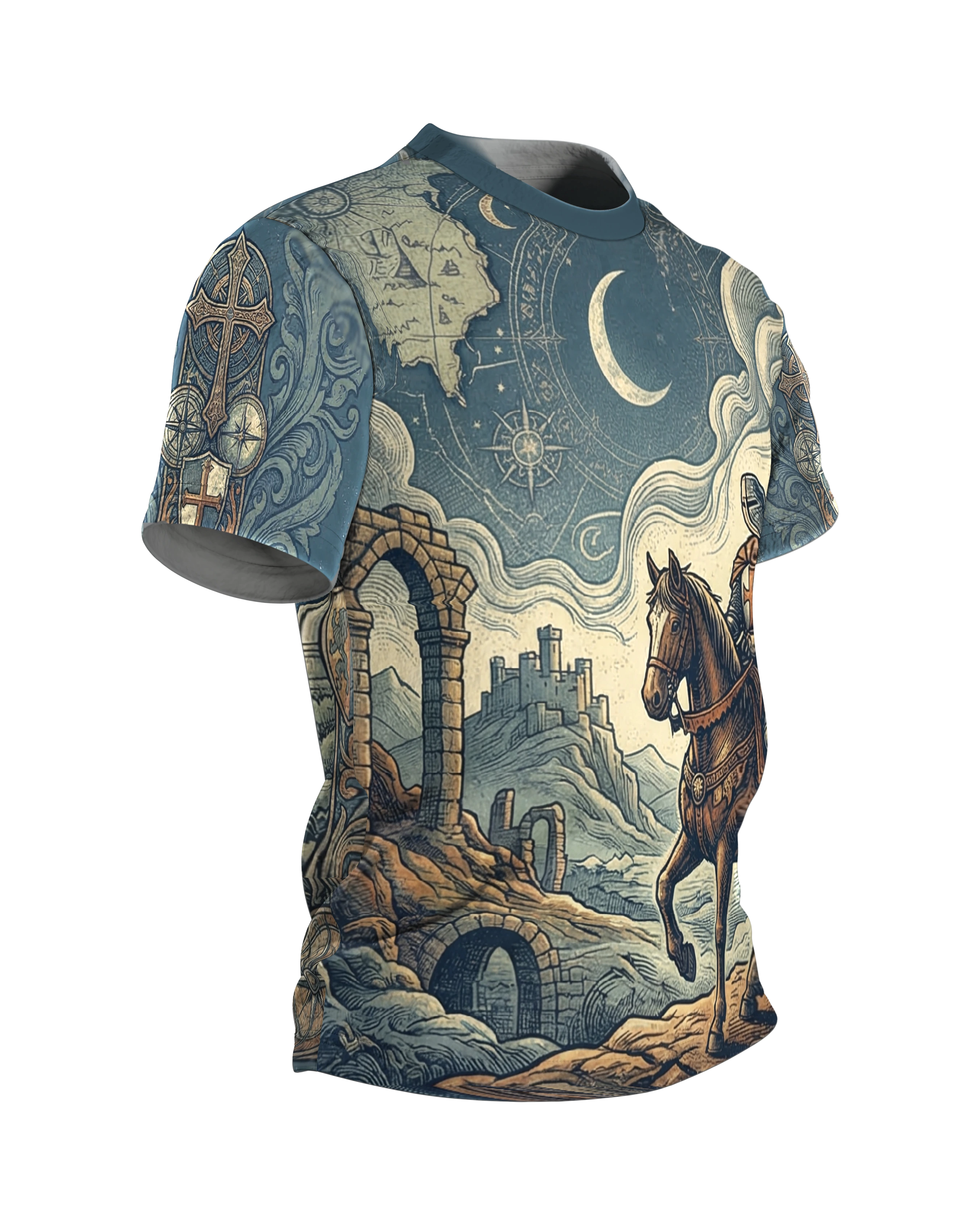 Ritter zu Pferd T-Shirt: Templer-Ritt durch die Kartenwelt, Seitenansicht links