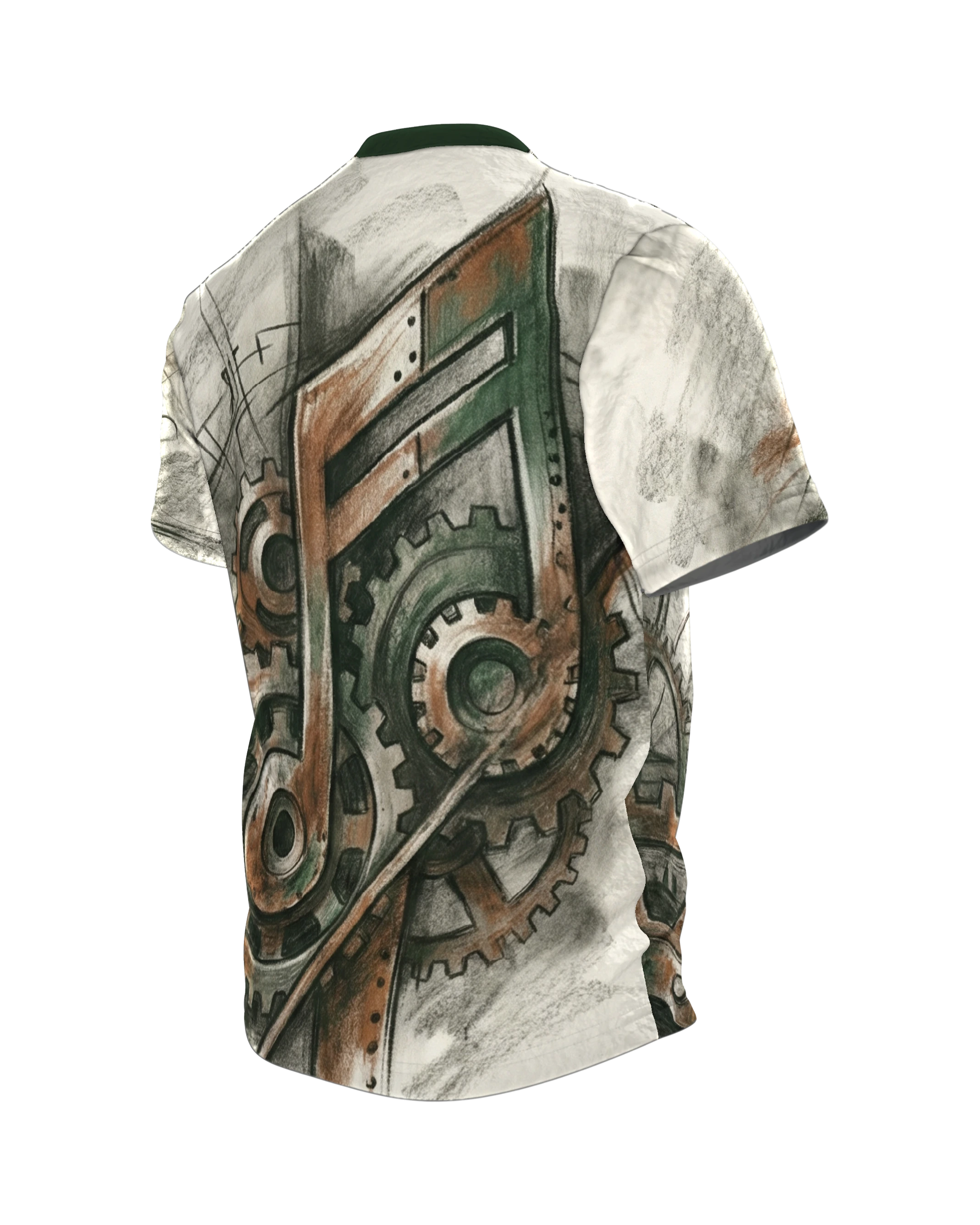 Steampunk Noten T-Shirt: Achtelnote aus Zahnrädern und Rost, Rückseite schräg links