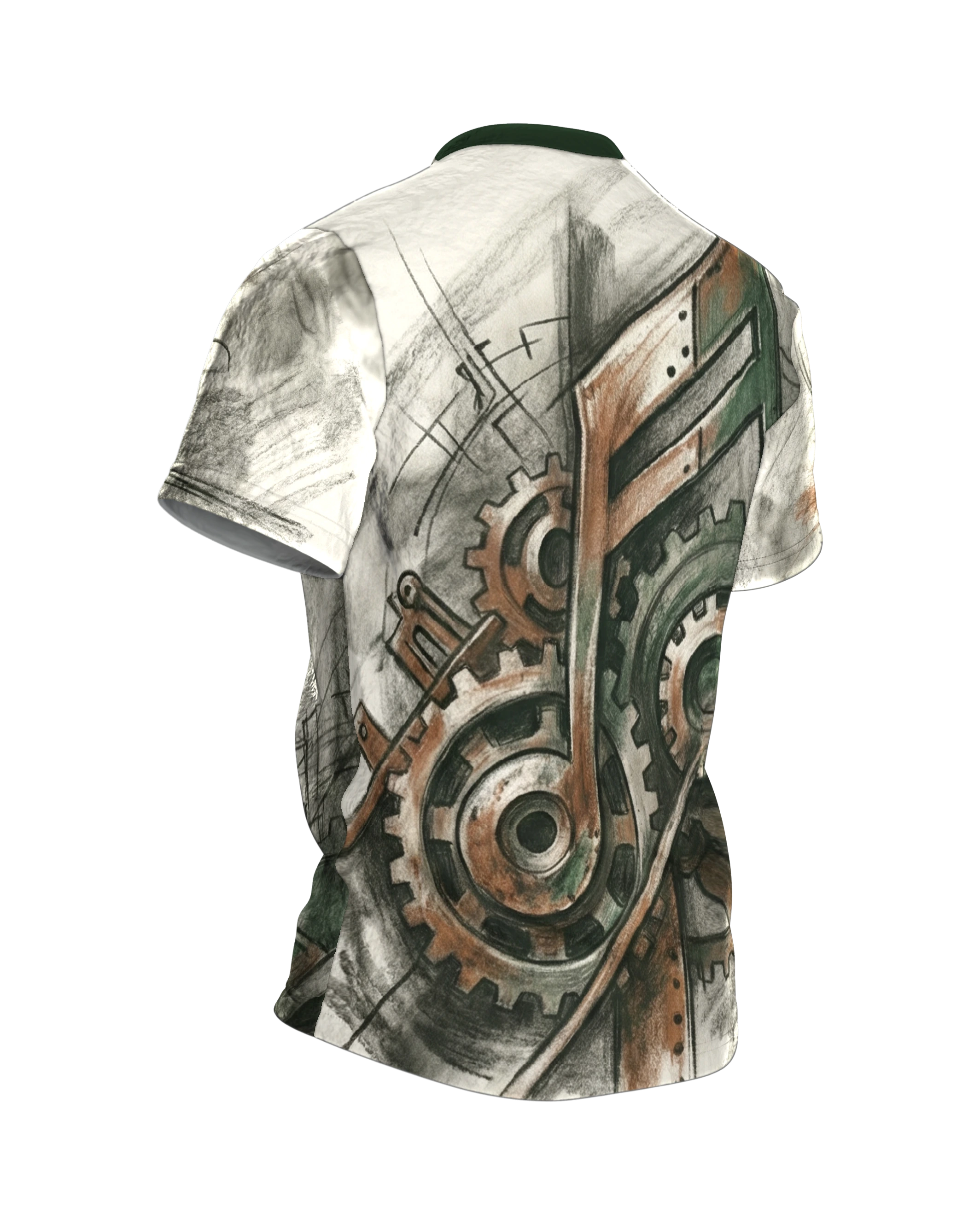 Steampunk Noten T-Shirt: Achtelnote aus Zahnrädern und Rost, Rückseite schräg rechts