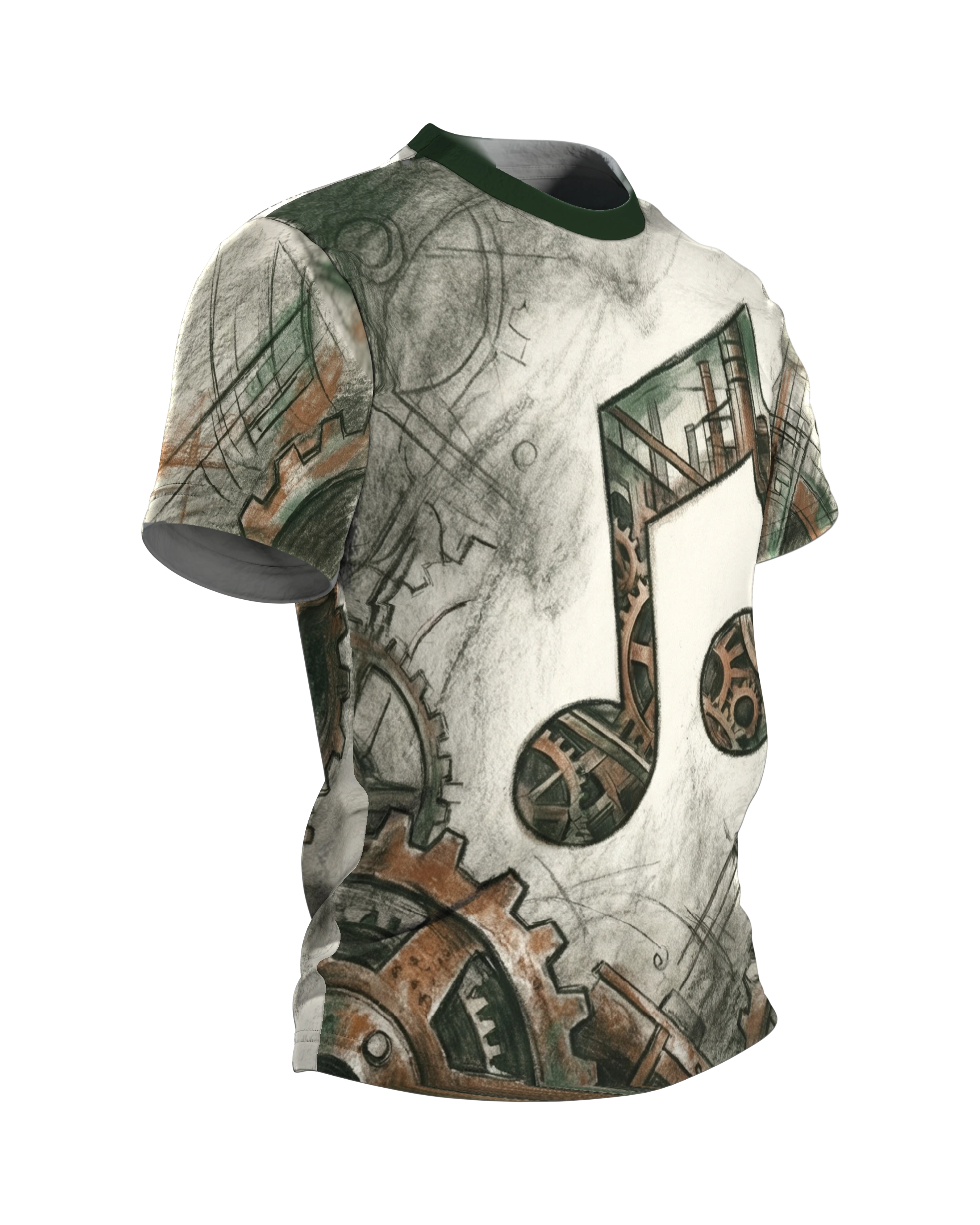 Steampunk Noten T-Shirt: Achtelnote aus Zahnrädern und Rost, Seitenansicht links