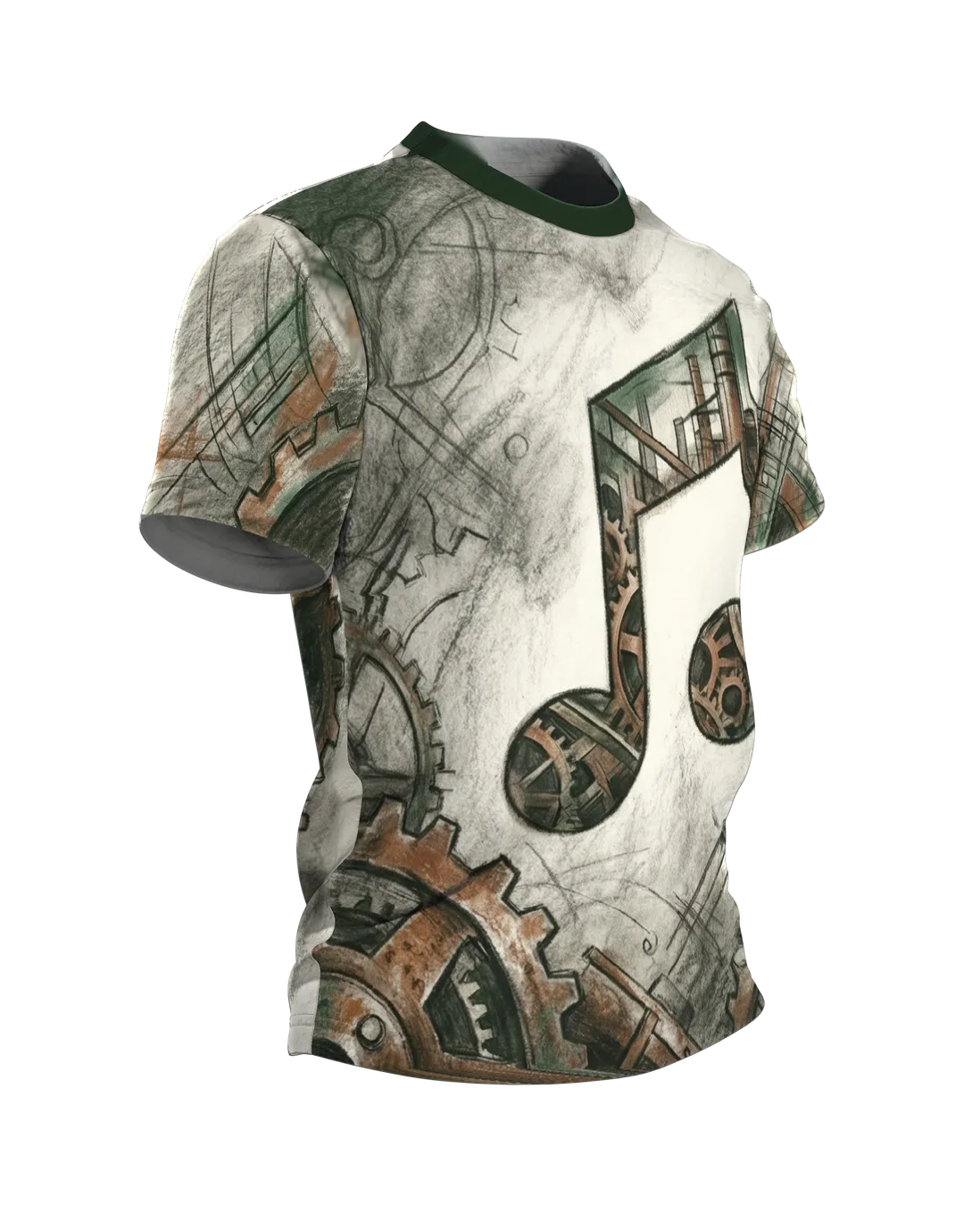 Steampunk Noten T-Shirt: Achtelnote aus Zahnrädern und Rost, Seitenansicht links