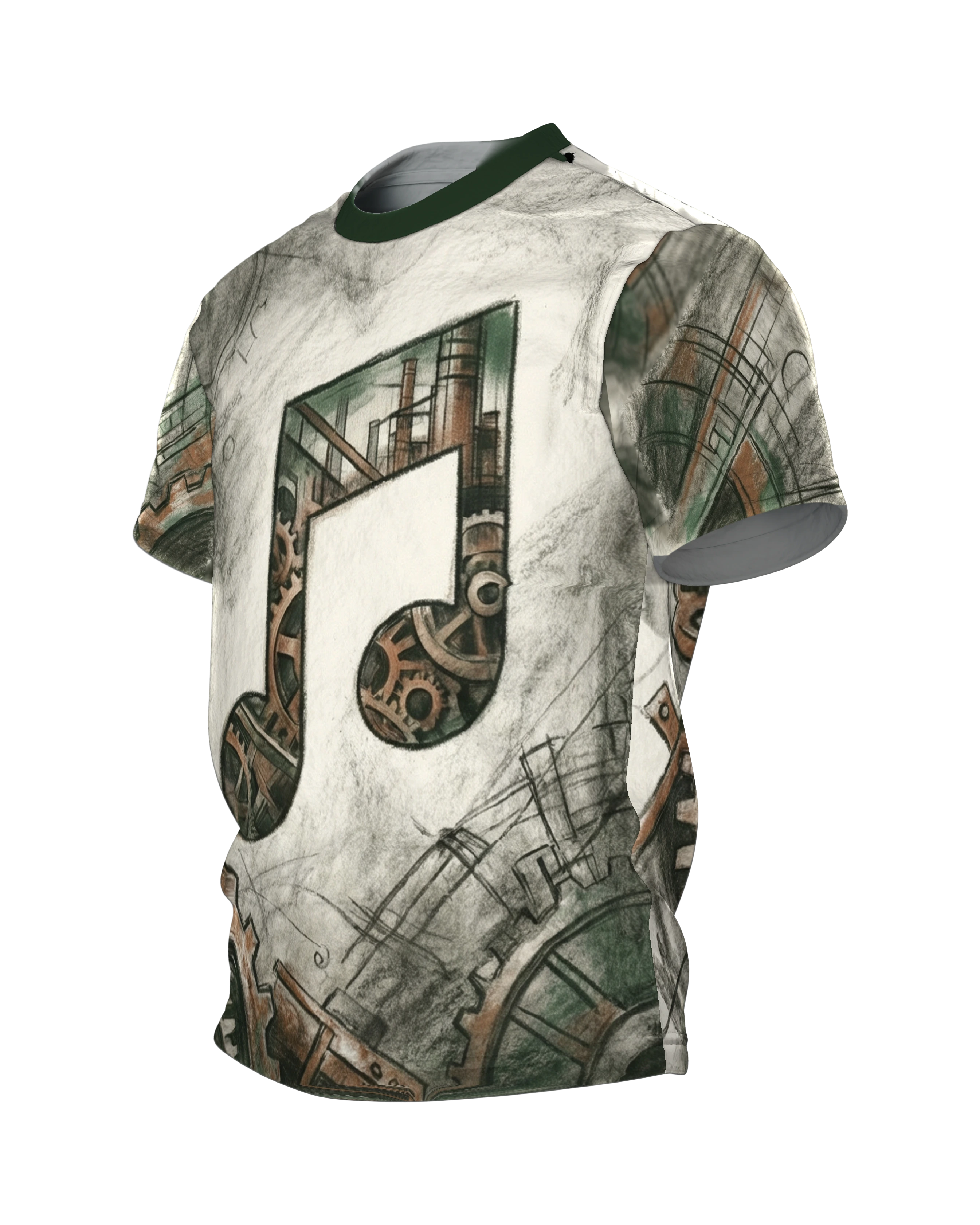 Steampunk Noten T-Shirt: Achtelnote aus Zahnrädern und Rost, Seitenansicht rechts