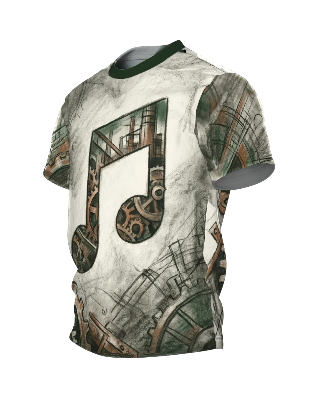 Steampunk Noten T-Shirt: Achtelnote aus Zahnrädern und Rost, Seitenansicht rechts