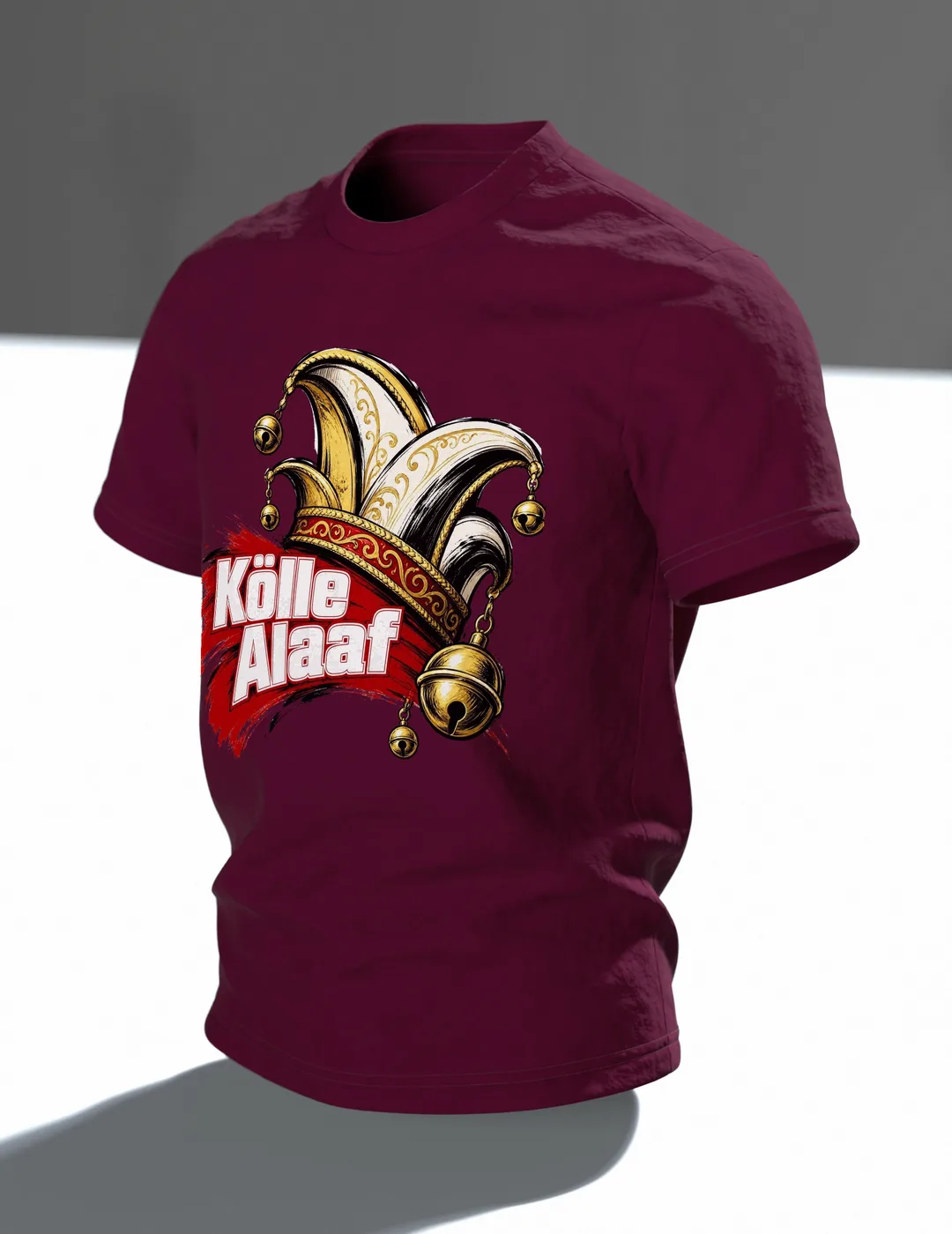 Narrenkappe aus dem Kölner Karneval, darunter T-Shirt, Premium Unikat, Im Raum, schräg