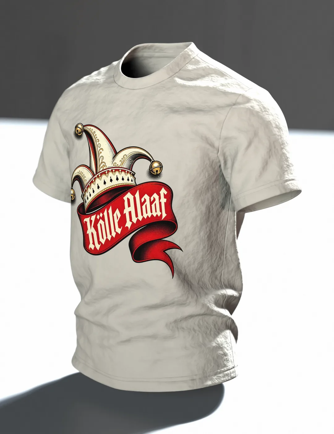 Narrenkappe aus dem Kölner Karneval, darunter T-Shirt, Premium Unikat, Im Raum, schräg