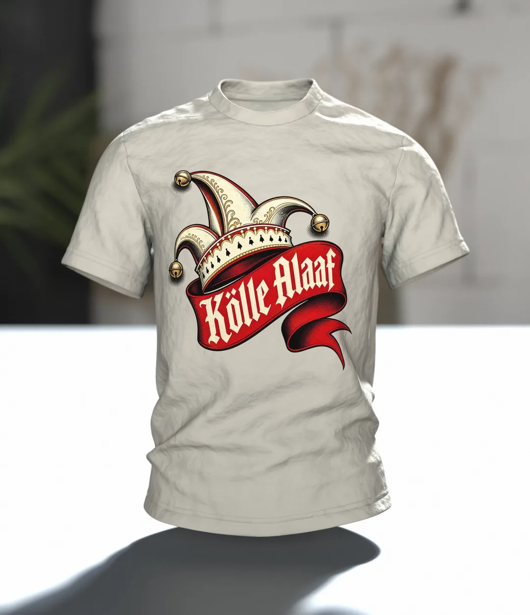 Narrenkappe aus dem Kölner Karneval, darunter T-Shirt, Premium Unikat, Im Raum