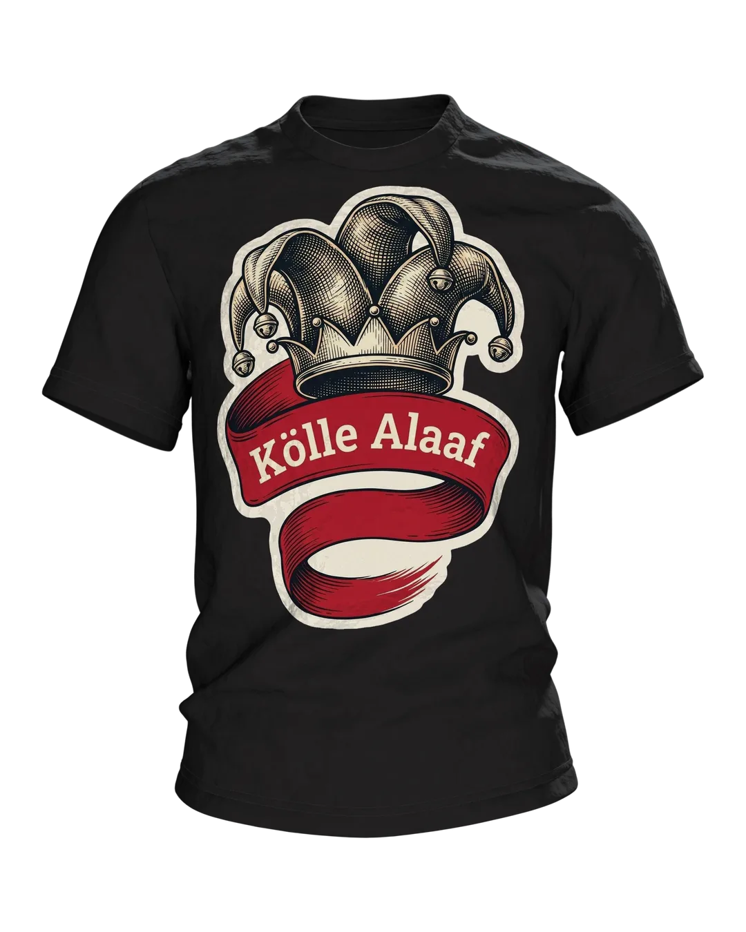 "Kölle Alaaf" T-Shirt mit gravierter Narrenkappe, Dom-Emblem und Rhein-Schiffe am Rücken