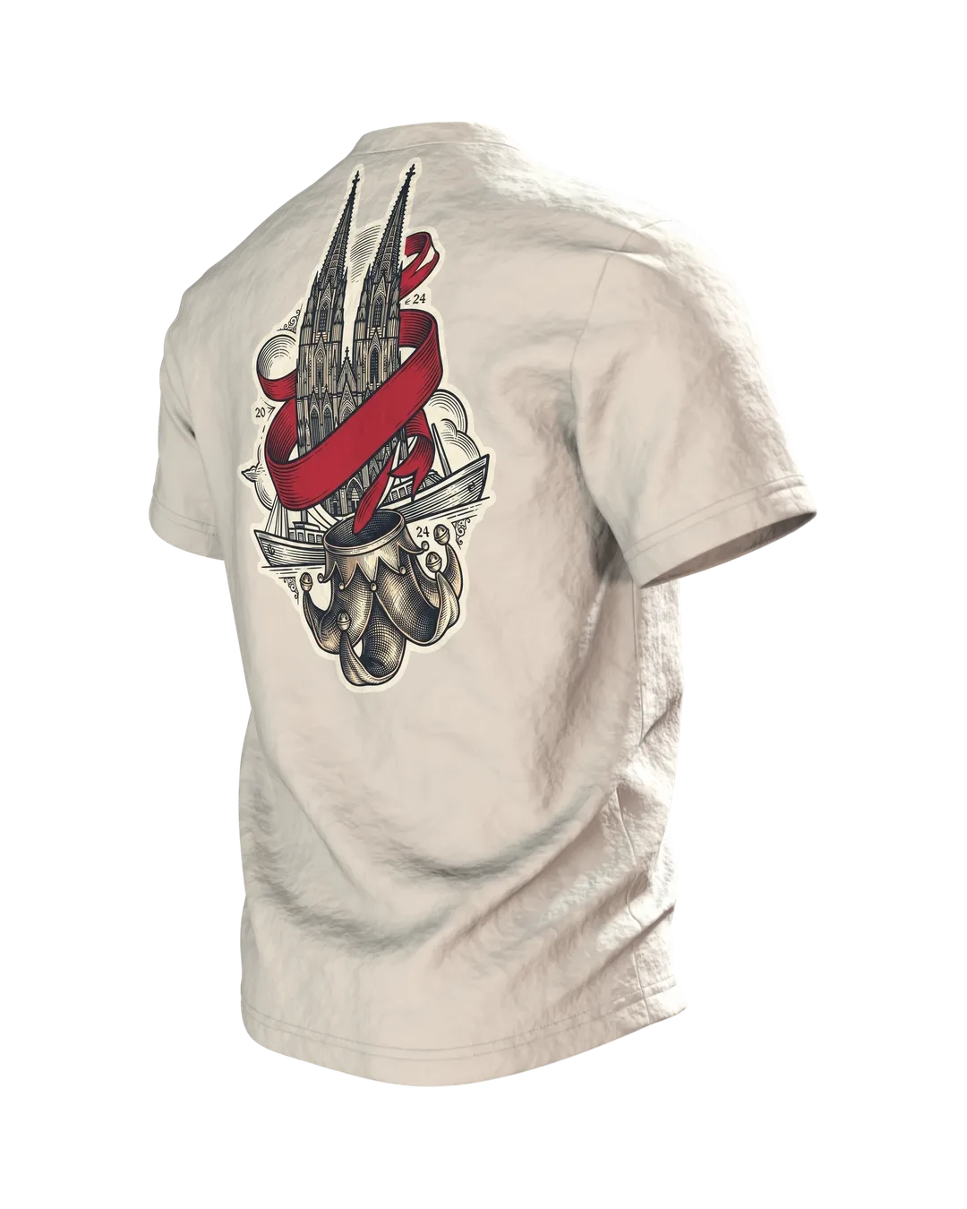 "Kölle Alaaf" T-Shirt mit gravierter Narrenkappe, Dom-Emblem und Rhein-Schiffe am Rücken, Rückseite schräg links