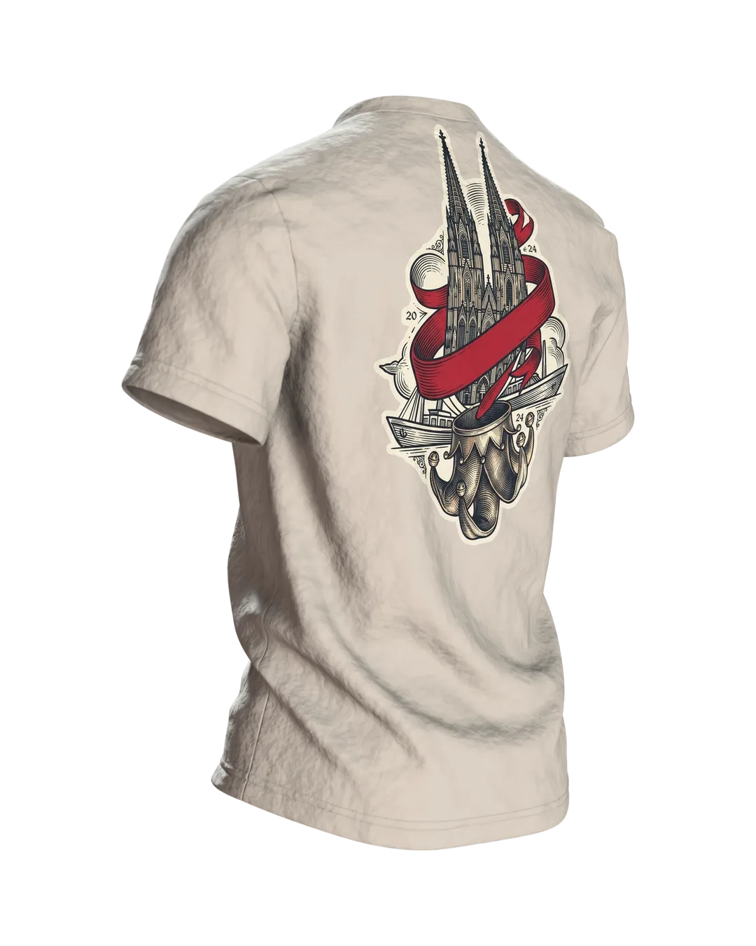 "Kölle Alaaf" T-Shirt mit gravierter Narrenkappe, Dom-Emblem und Rhein-Schiffe am Rücken, Rückseite schräg rechts