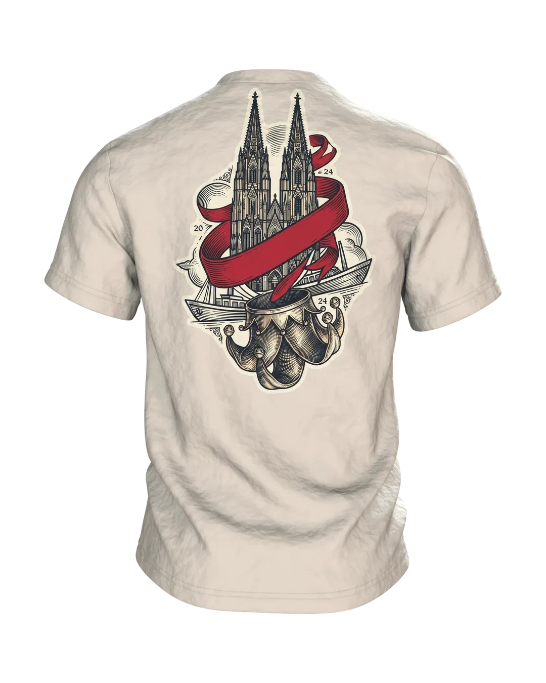 "Kölle Alaaf" T-Shirt mit gravierter Narrenkappe, Dom-Emblem und Rhein-Schiffe am Rücken, Rückseite