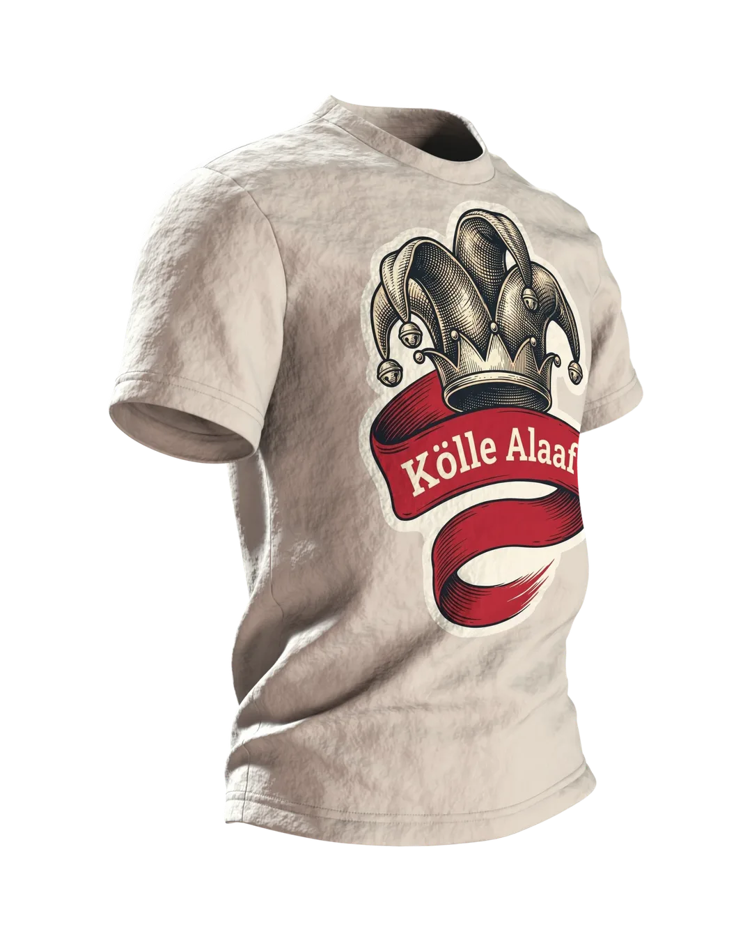 "Kölle Alaaf" T-Shirt mit gravierter Narrenkappe, Dom-Emblem und Rhein-Schiffe am Rücken, Seitenansicht links