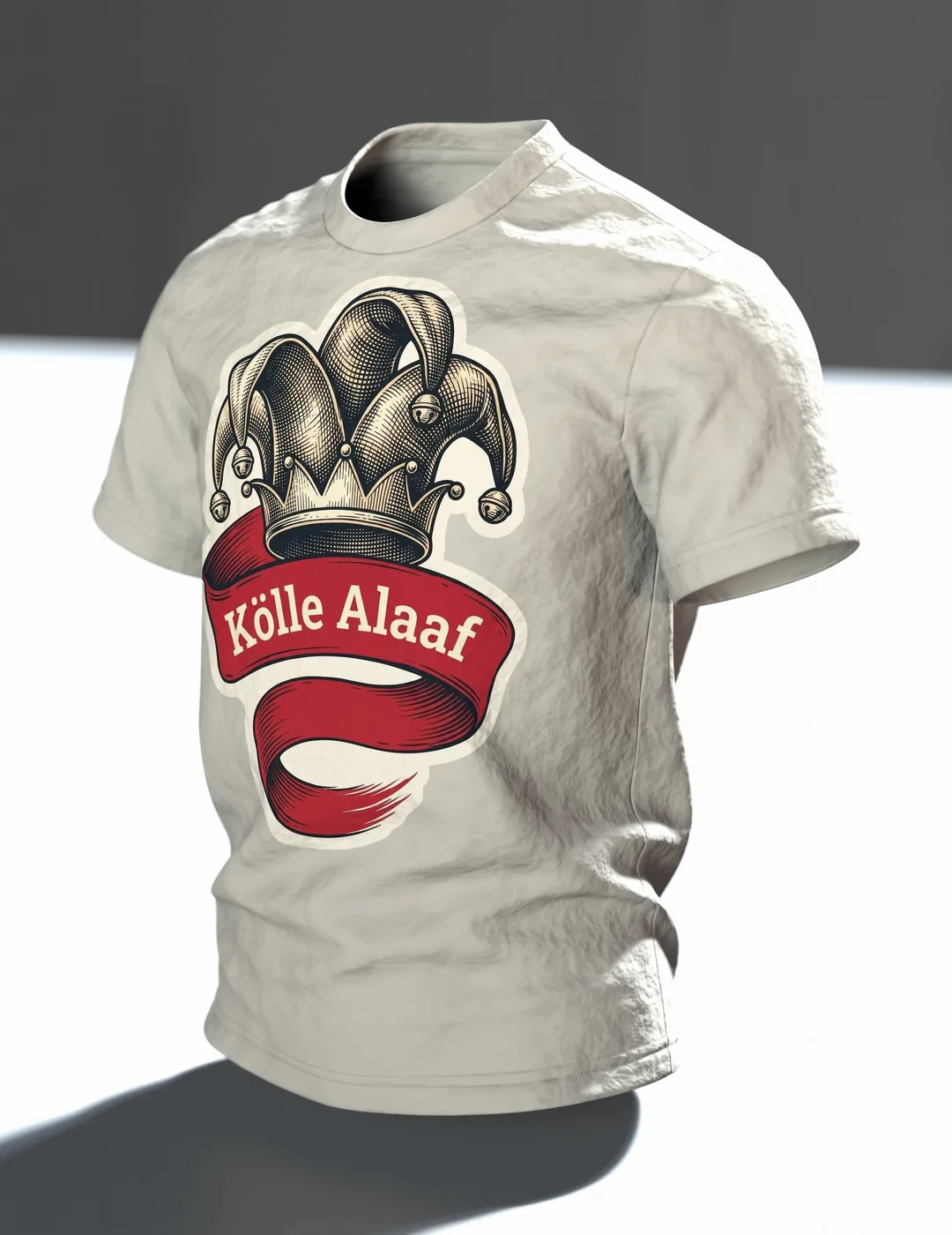 "Kölle Alaaf" T-Shirt mit gravierter Narrenkappe, Dom-Emblem und Rhein-Schiffe am Rücken, Im Raum, schräg