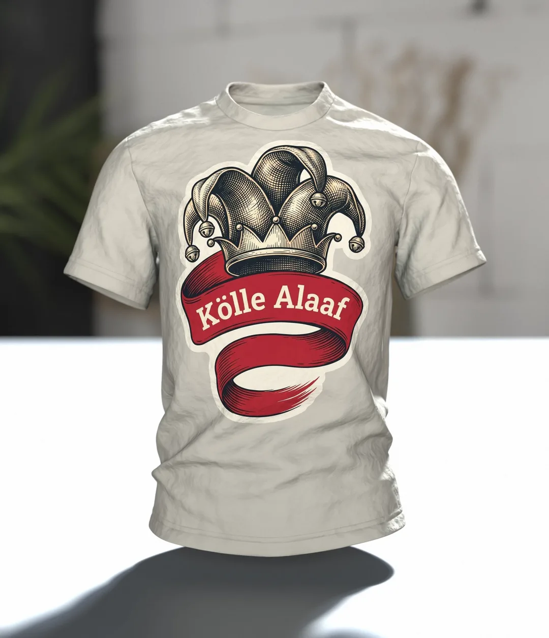 "Kölle Alaaf" T-Shirt mit gravierter Narrenkappe, Dom-Emblem und Rhein-Schiffe am Rücken, Im Raum