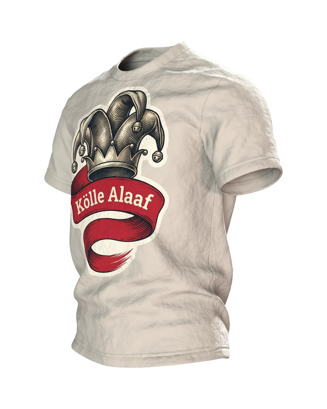 "Kölle Alaaf" T-Shirt mit gravierter Narrenkappe, Dom-Emblem und Rhein-Schiffe am Rücken, Seitenansicht rechts