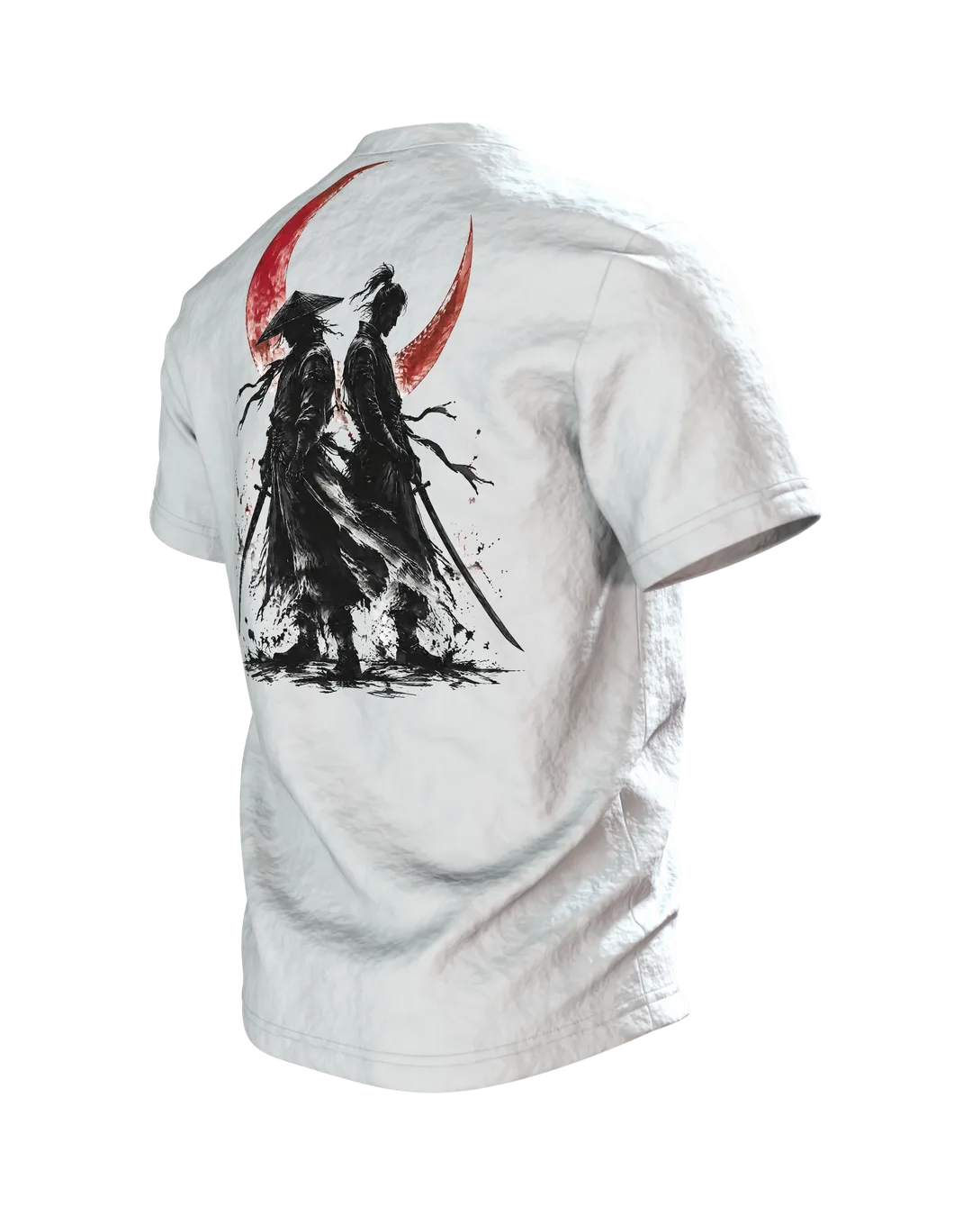 Samurai roter Mond T-Shirt, Tuschekrieger mit Katana vor dem Blutmond, zwei Samurai am Rücken, Rückseite schräg links