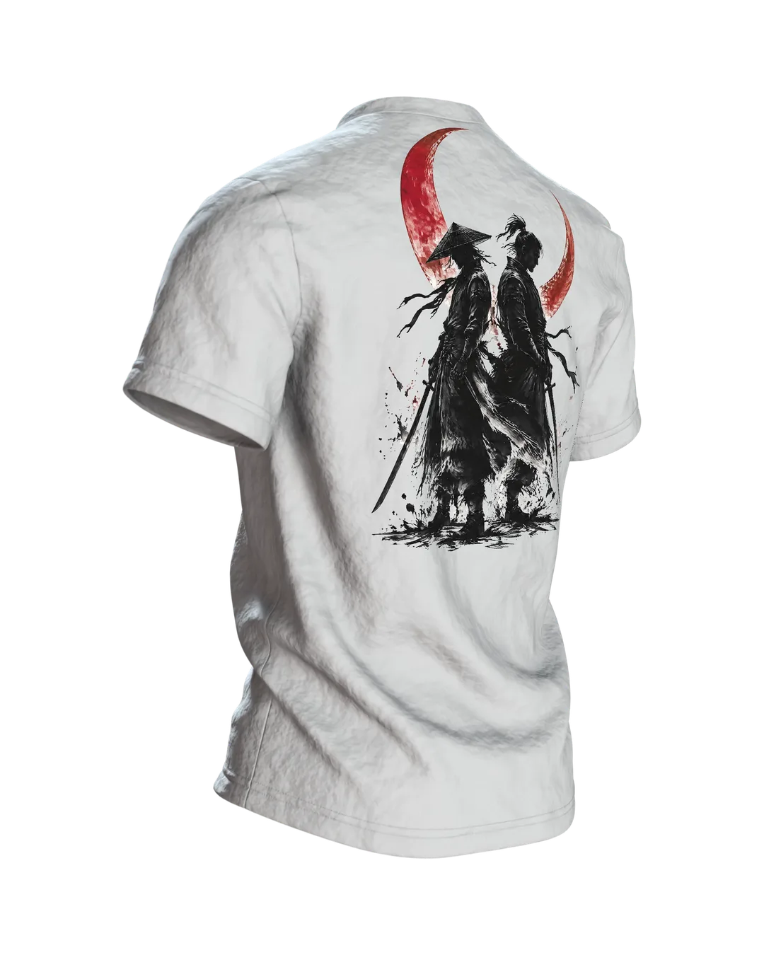Samurai roter Mond T-Shirt, Tuschekrieger mit Katana vor dem Blutmond, zwei Samurai am Rücken, Rückseite schräg rechts