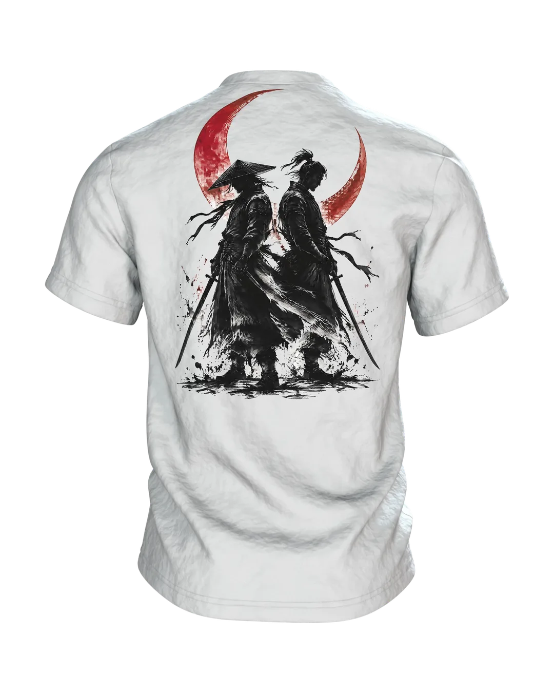 Samurai roter Mond T-Shirt, Tuschekrieger mit Katana vor dem Blutmond, zwei Samurai am Rücken, Rückseite