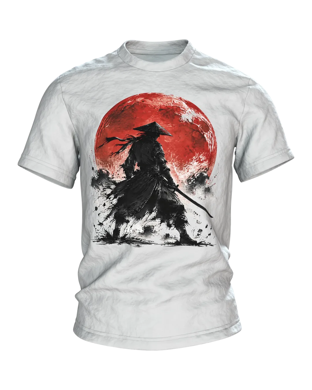 Samurai roter Mond T-Shirt, Tuschekrieger mit Katana vor dem Blutmond, zwei Samurai am Rücken, Vorderseite