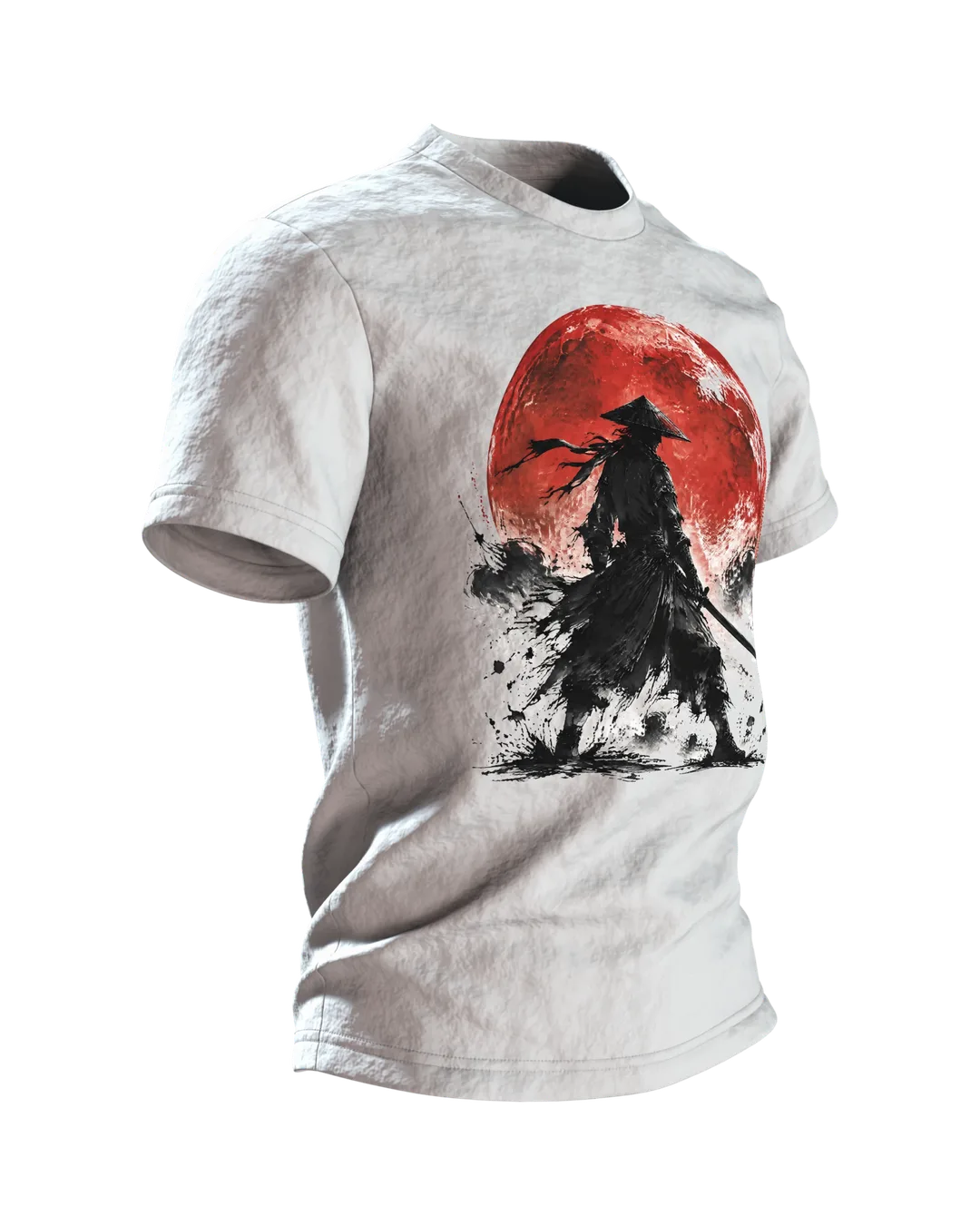 Samurai roter Mond T-Shirt, Tuschekrieger mit Katana vor dem Blutmond, zwei Samurai am Rücken, Seitenansicht links