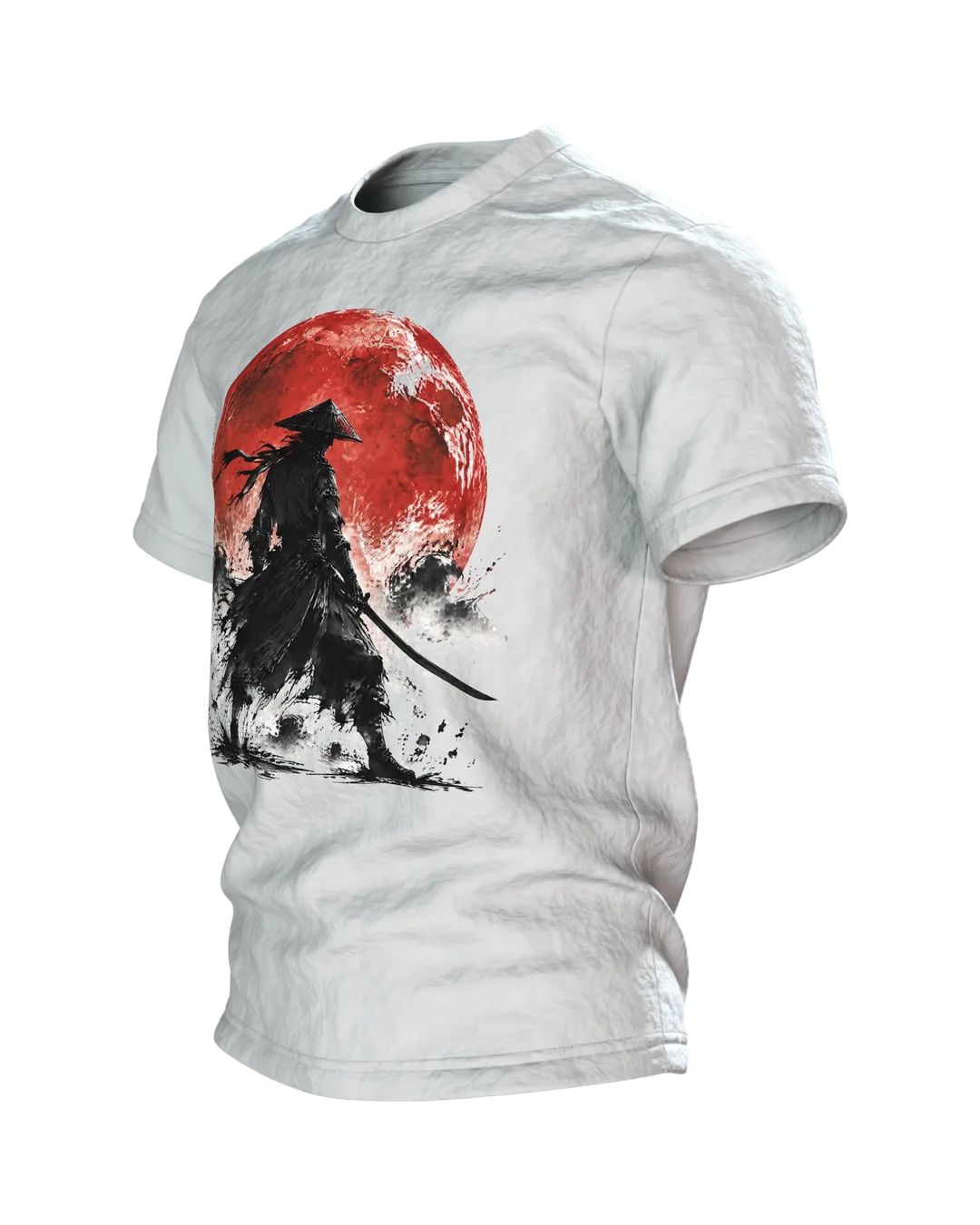 Samurai roter Mond T-Shirt, Tuschekrieger mit Katana vor dem Blutmond, zwei Samurai am Rücken, Seitenansicht rechts