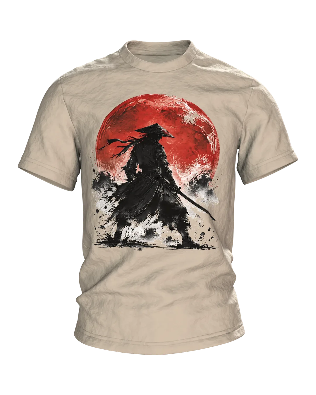 Samurai roter Mond T-Shirt, Tuschekrieger mit Katana vor dem Blutmond, zwei Samurai am Rücken
