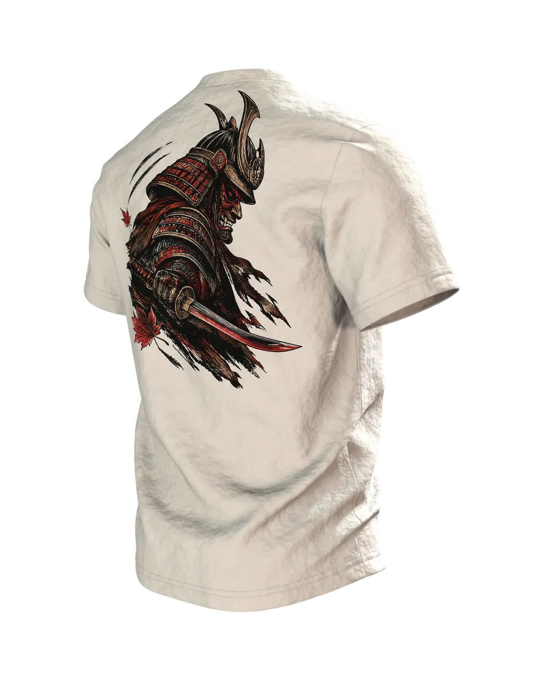 Samurai Kabuto Helm T-Shirt, Holzschnitt-Rüstung mit Maske vor rotem Mond, Krieger mit Katana am Rücken, Rückseite schräg links