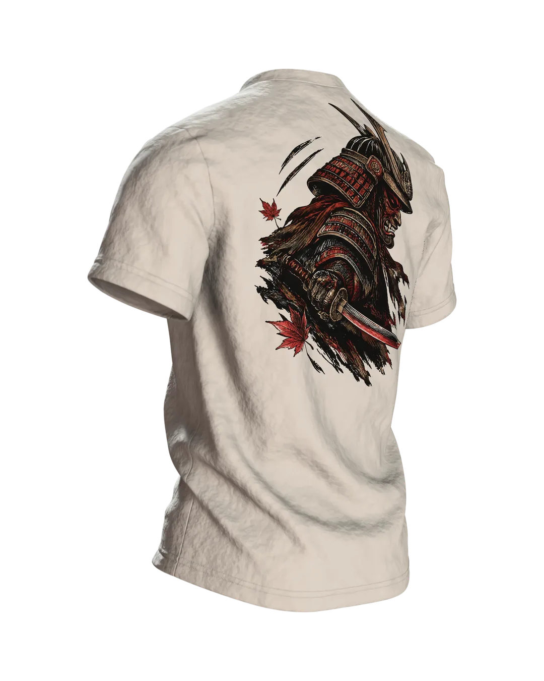 Samurai Kabuto Helm T-Shirt, Holzschnitt-Rüstung mit Maske vor rotem Mond, Krieger mit Katana am Rücken, Rückseite schräg rechts