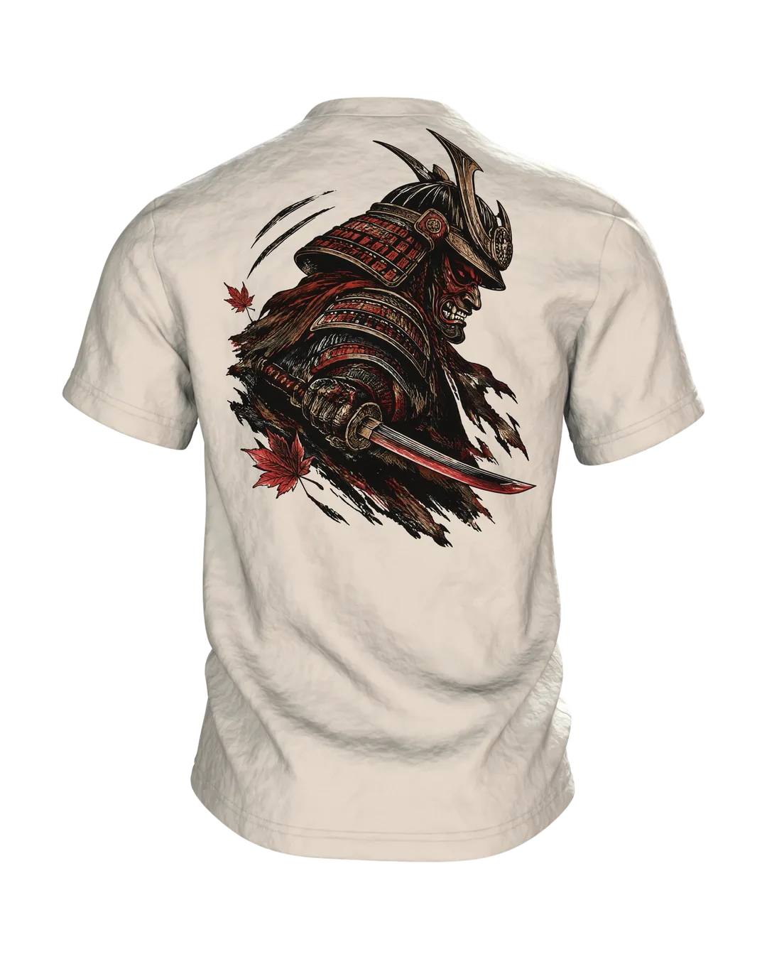 Samurai Kabuto Helm T-Shirt, Holzschnitt-Rüstung mit Maske vor rotem Mond, Krieger mit Katana am Rücken, Rückseite