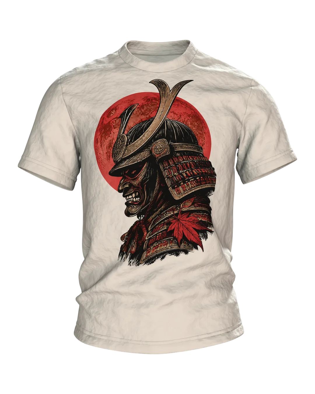 Samurai Kabuto Helm T-Shirt, Holzschnitt-Rüstung mit Maske vor rotem Mond, Krieger mit Katana am Rücken