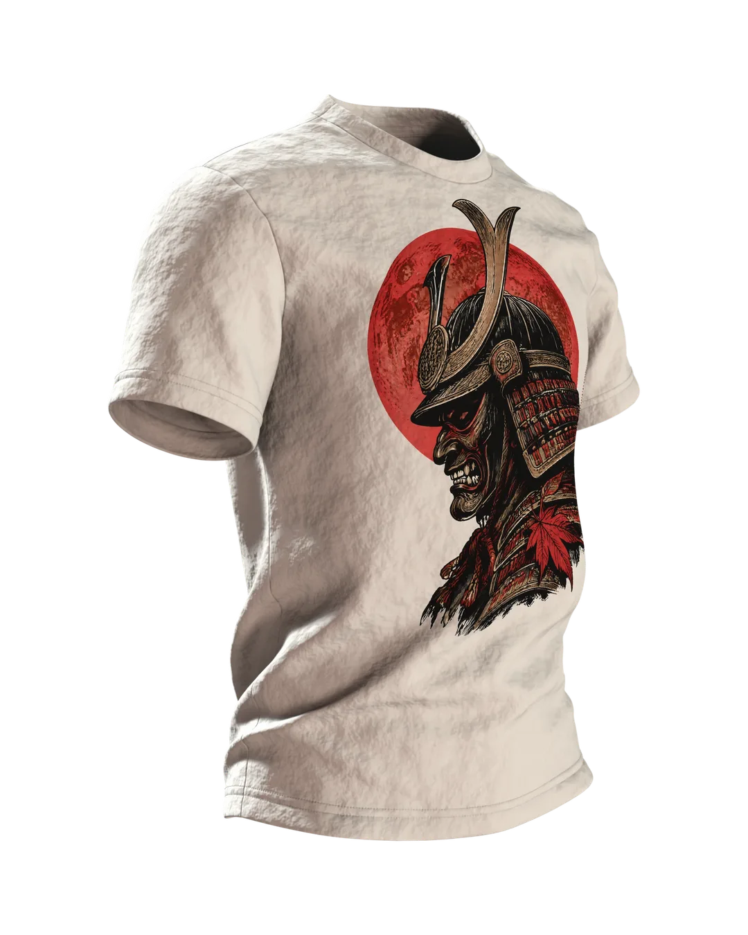 Samurai Kabuto Helm T-Shirt, Holzschnitt-Rüstung mit Maske vor rotem Mond, Krieger mit Katana am Rücken, Seitenansicht links