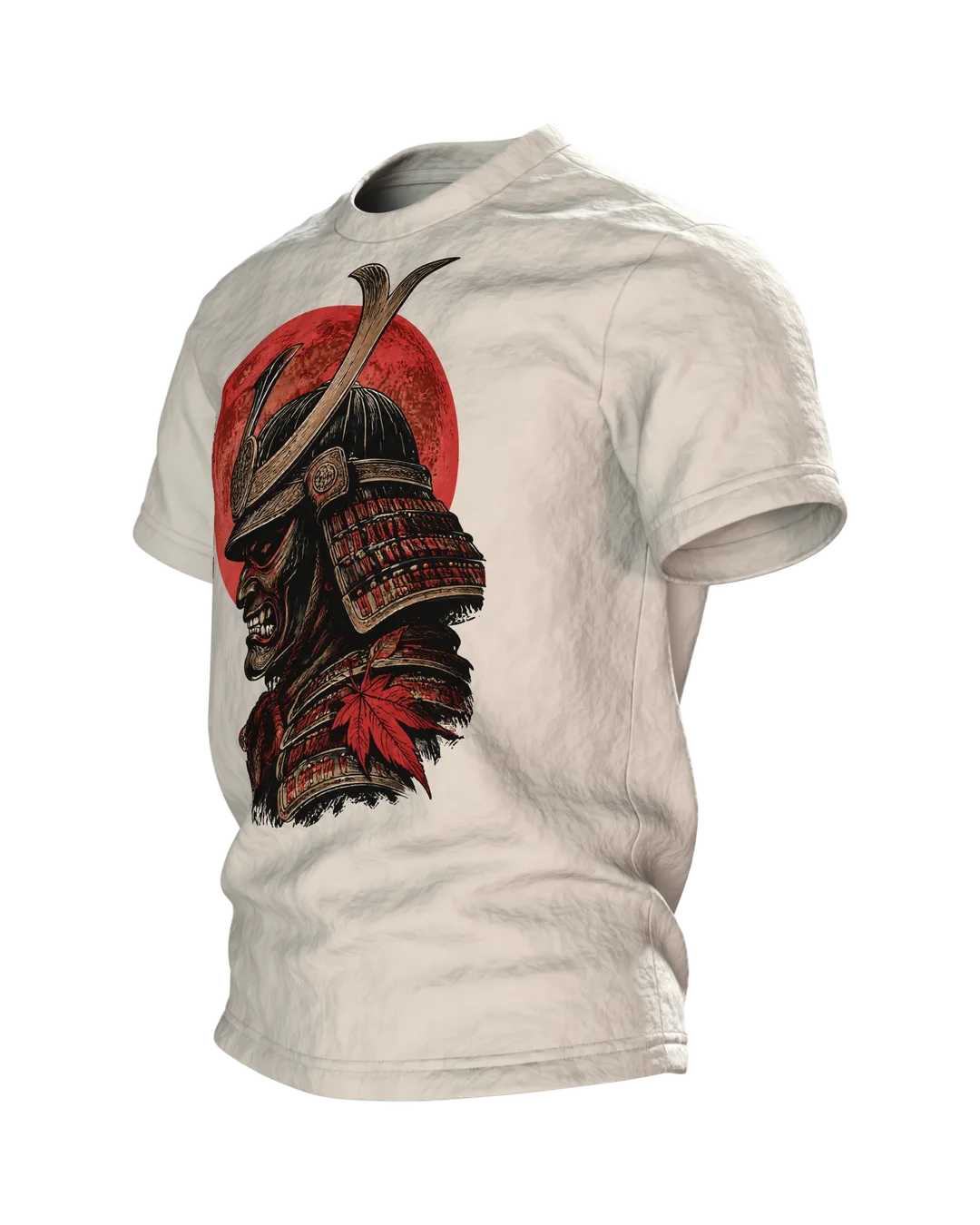 Samurai Kabuto Helm T-Shirt, Holzschnitt-Rüstung mit Maske vor rotem Mond, Krieger mit Katana am Rücken, Seitenansicht rechts