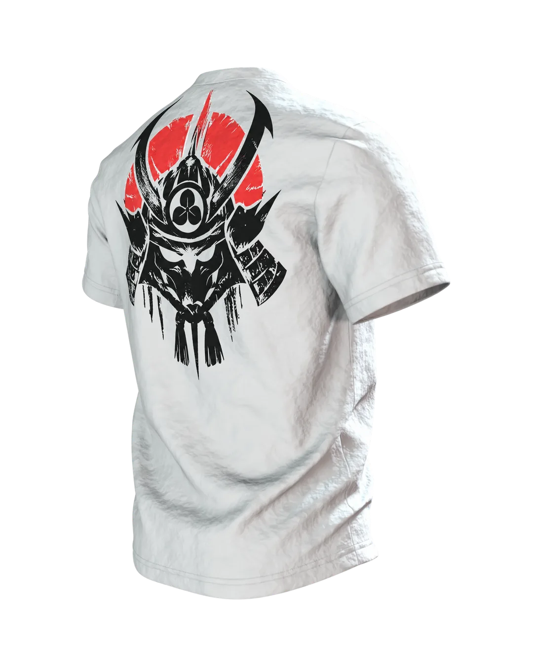 Samurai Silhouette T-Shirt, schwarze Schablonen-Büste mit Helm vor roter Mondsichel, Kabuto-Wappen am Rücken, Rückseite schräg links