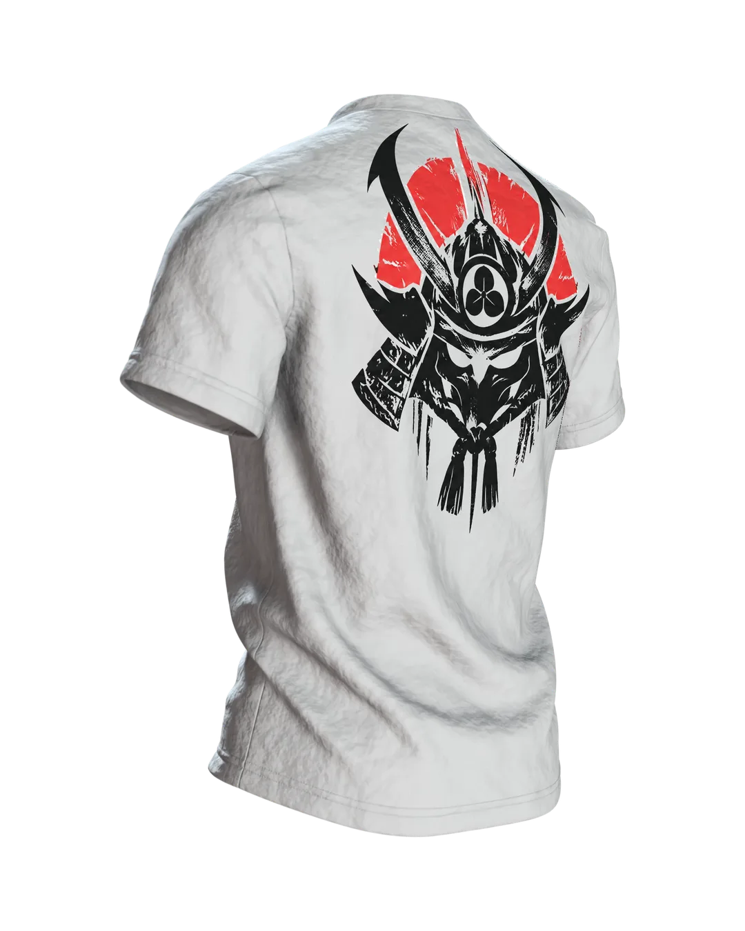 Samurai Silhouette T-Shirt, schwarze Schablonen-Büste mit Helm vor roter Mondsichel, Kabuto-Wappen am Rücken, Rückseite schräg rechts