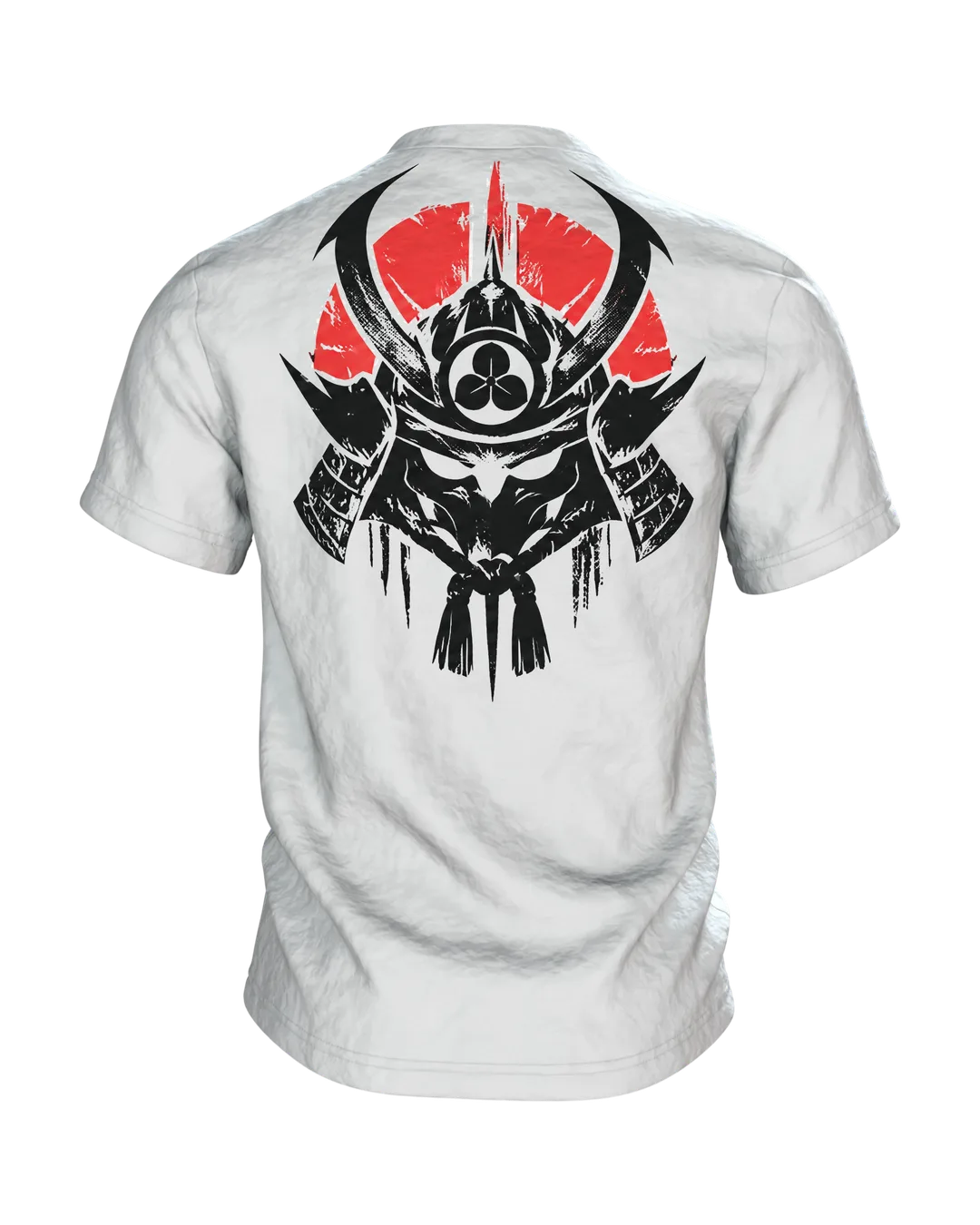 Samurai Silhouette T-Shirt, schwarze Schablonen-Büste mit Helm vor roter Mondsichel, Kabuto-Wappen am Rücken, Rückseite