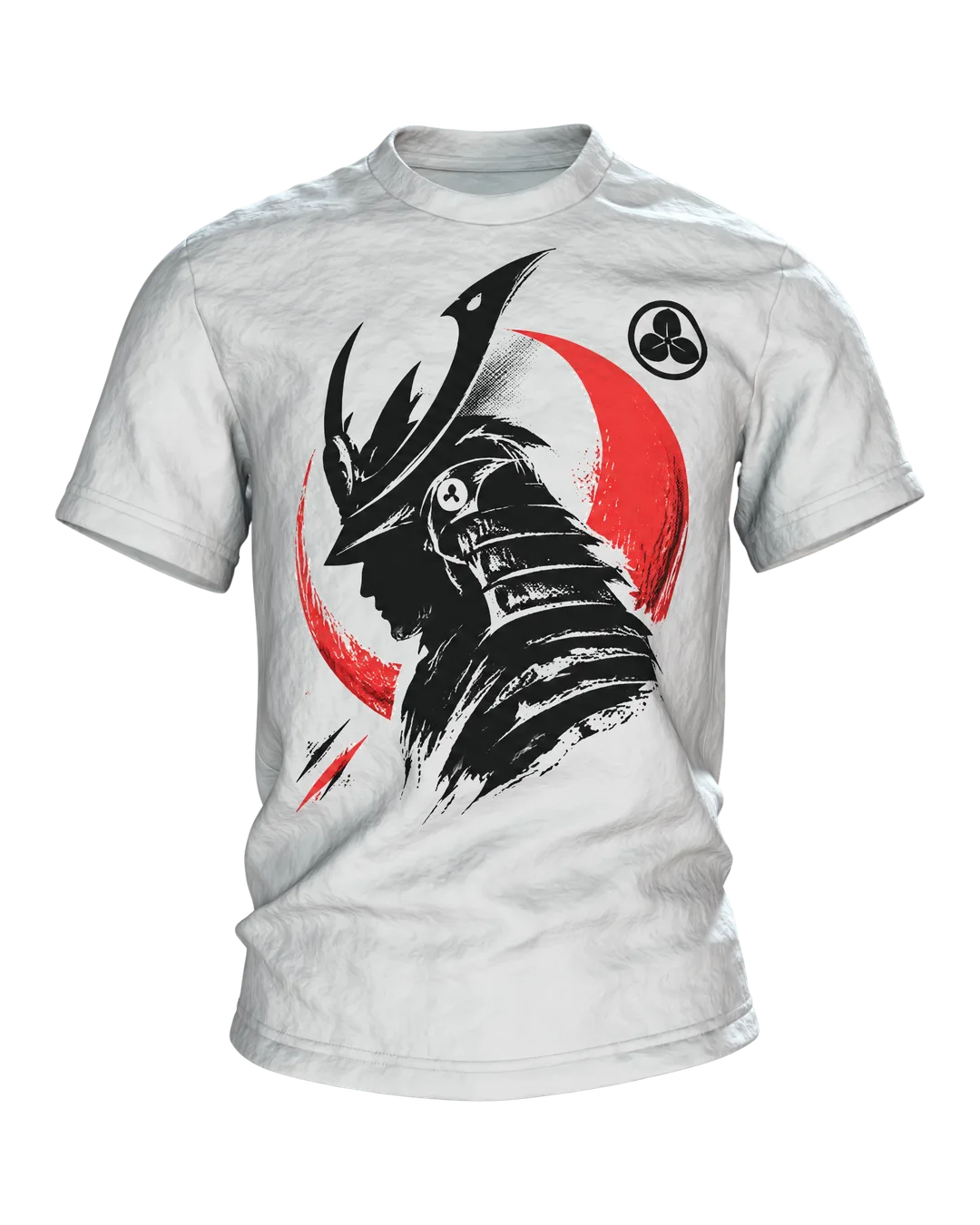 Samurai Silhouette T-Shirt, schwarze Schablonen-Büste mit Helm vor roter Mondsichel, Kabuto-Wappen am Rücken, Vorderseite