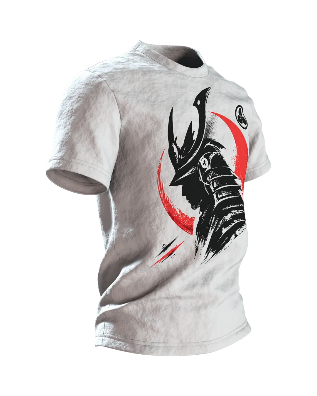 Samurai Silhouette T-Shirt, schwarze Schablonen-Büste mit Helm vor roter Mondsichel, Kabuto-Wappen am Rücken, Seitenansicht links