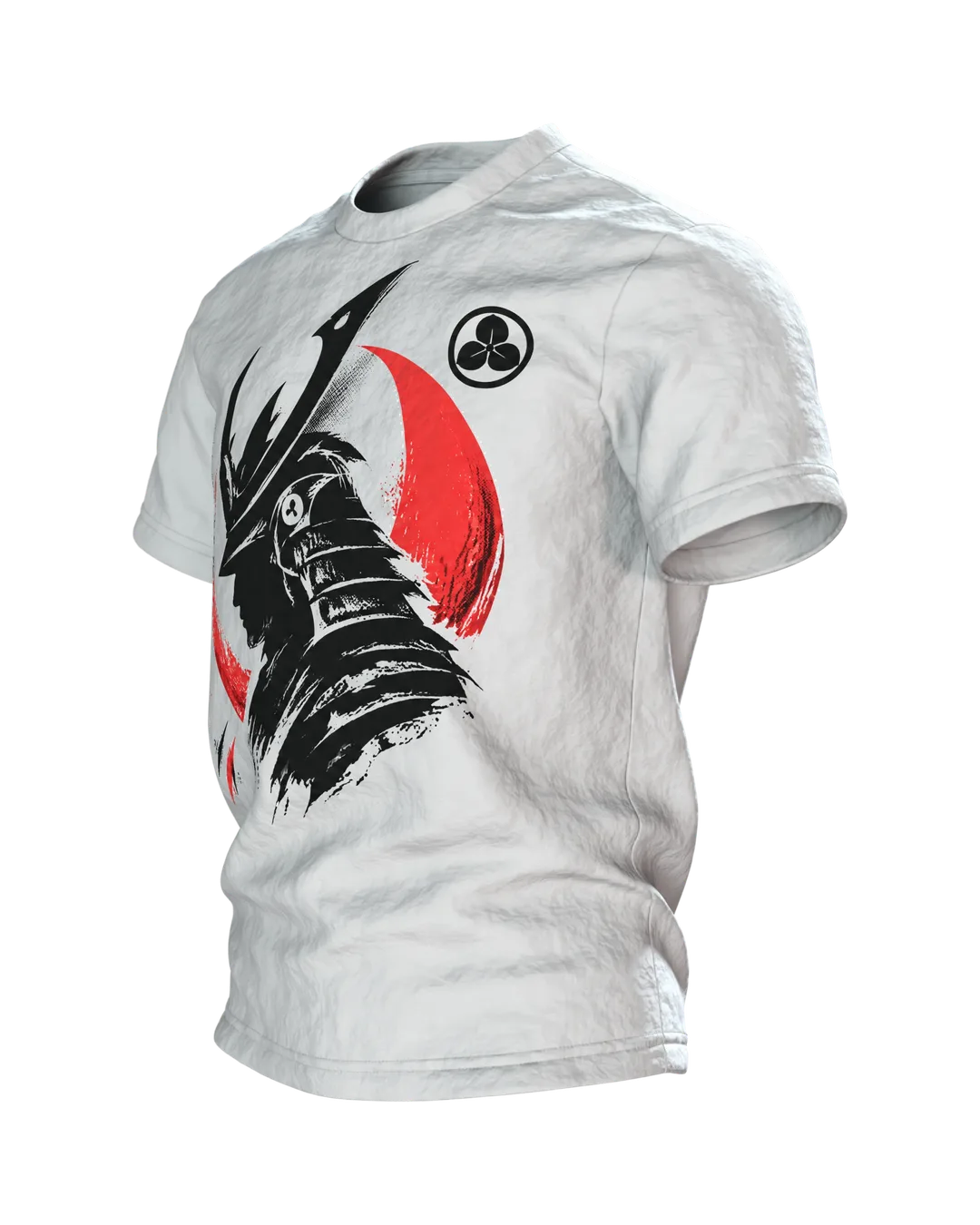 Samurai Silhouette T-Shirt, schwarze Schablonen-Büste mit Helm vor roter Mondsichel, Kabuto-Wappen am Rücken, Seitenansicht rechts