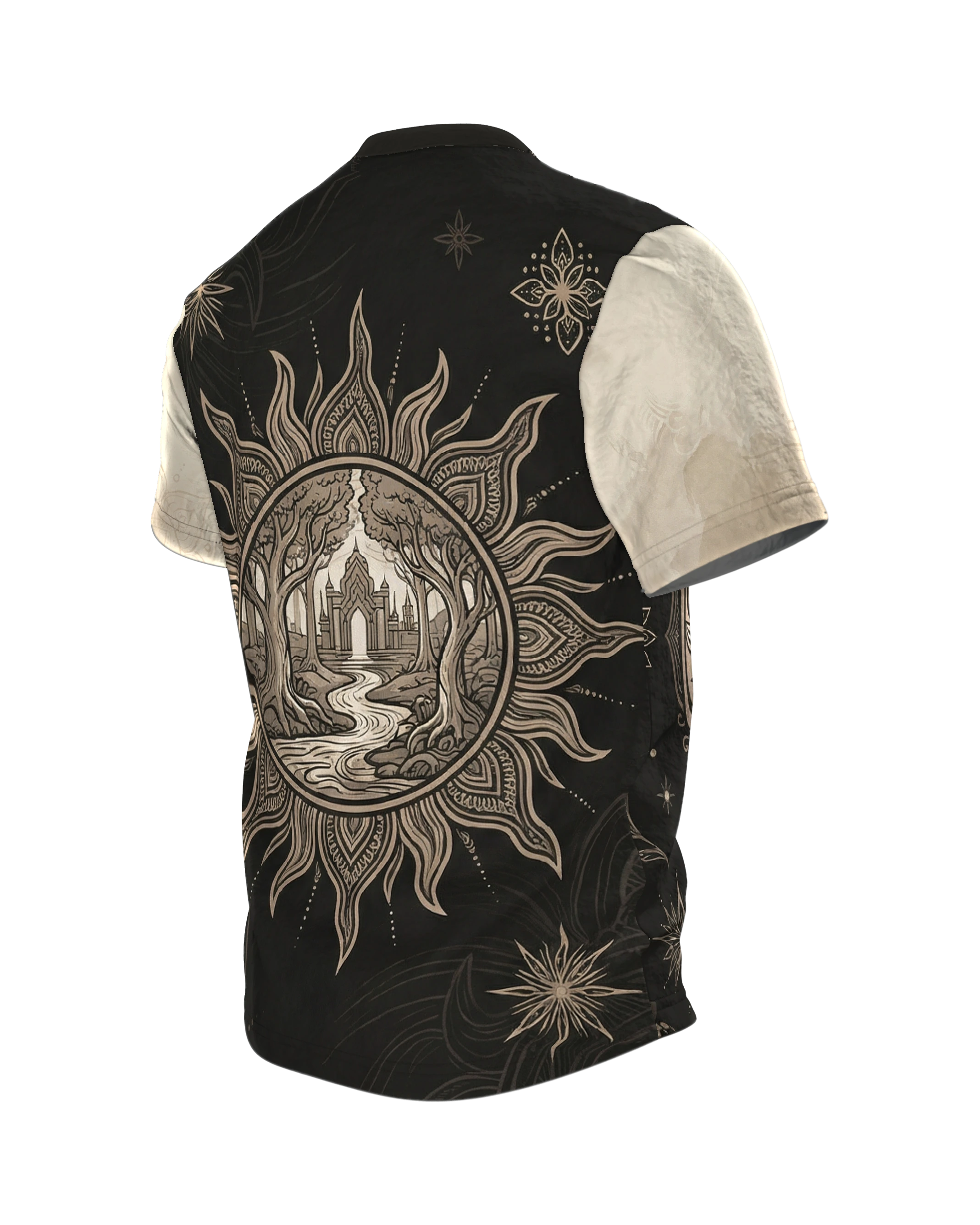 Mond Lotus T-Shirt, goldene Sichel mit Lotusblüten auf Schwarz, Sonnentor am Rücken, Rückseite schräg links
