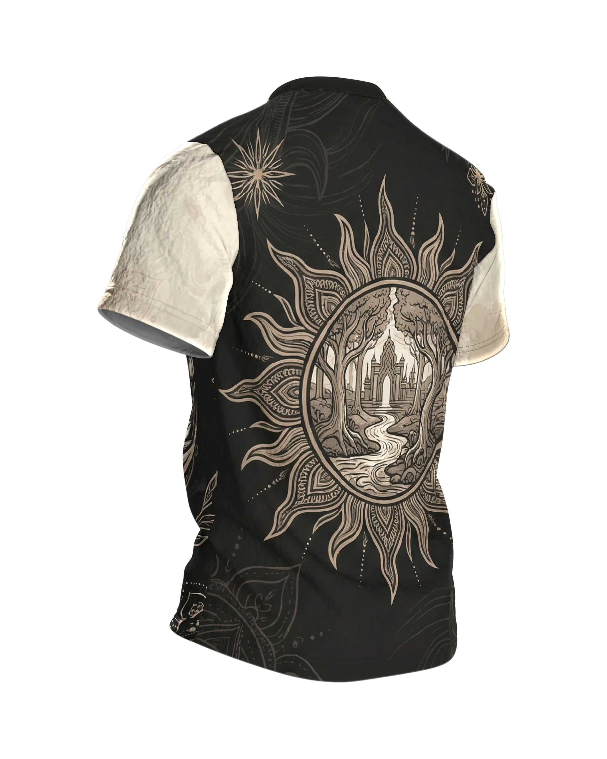 Mond Lotus T-Shirt, goldene Sichel mit Lotusblüten auf Schwarz, Sonnentor am Rücken, Rückseite schräg rechts